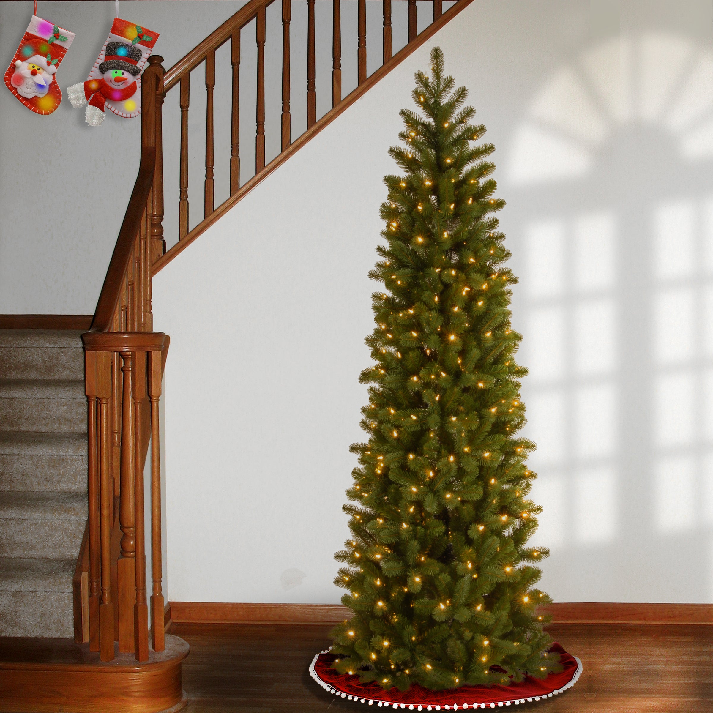 6.5 ft Pre-Lit Downswept Douglas Fir Pencil Slim Christmas Tree with 300 Clear LED Lights - Perfect for Small Spaces & Holiday Decor