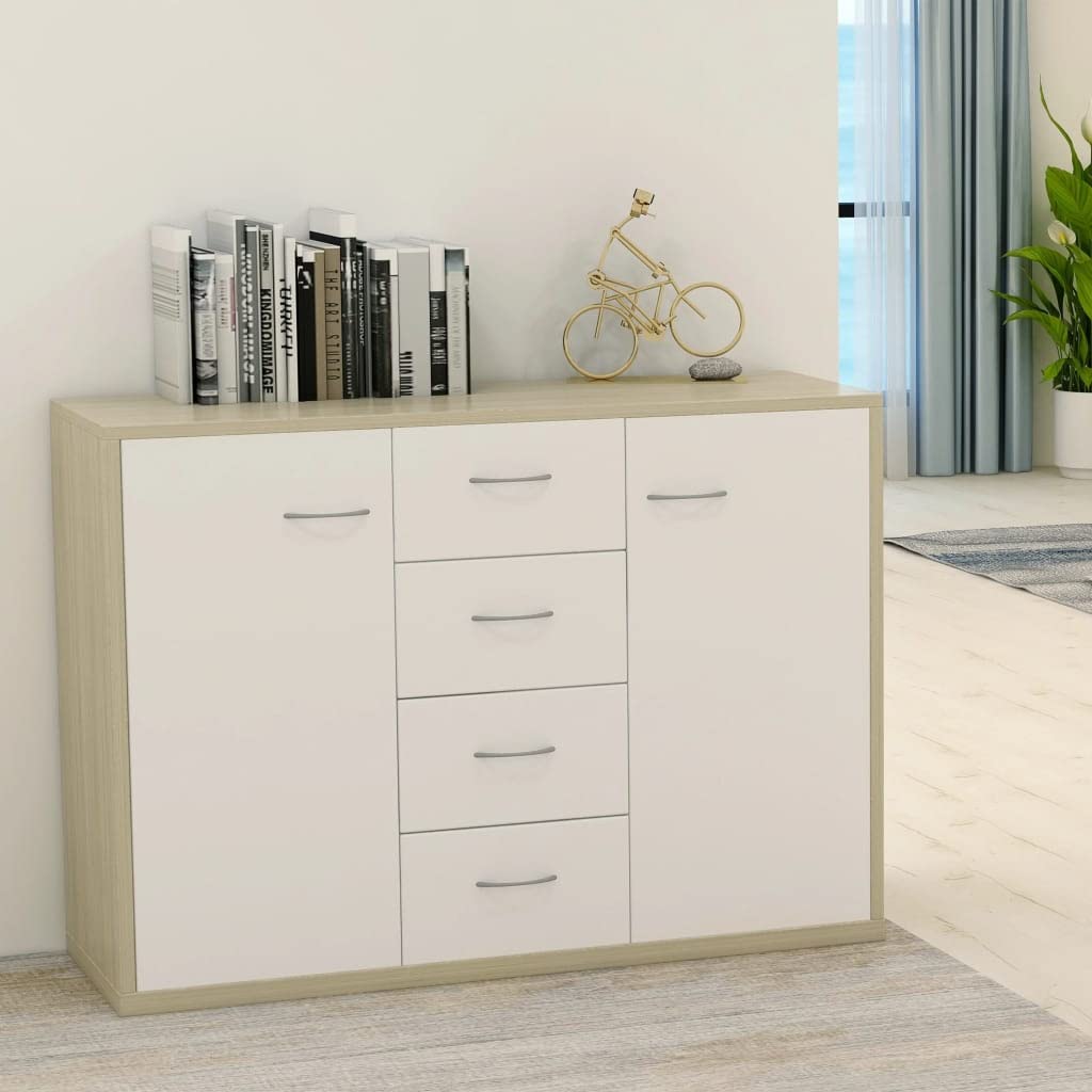 Modern Sideboard Buffet Cabinet - 4 Drawers & 2 Doors Kitchen Storage Cabinet for Dining Room, Hallway, Bar - White & Brown Accent Furniture for Home Decor & Entertaining