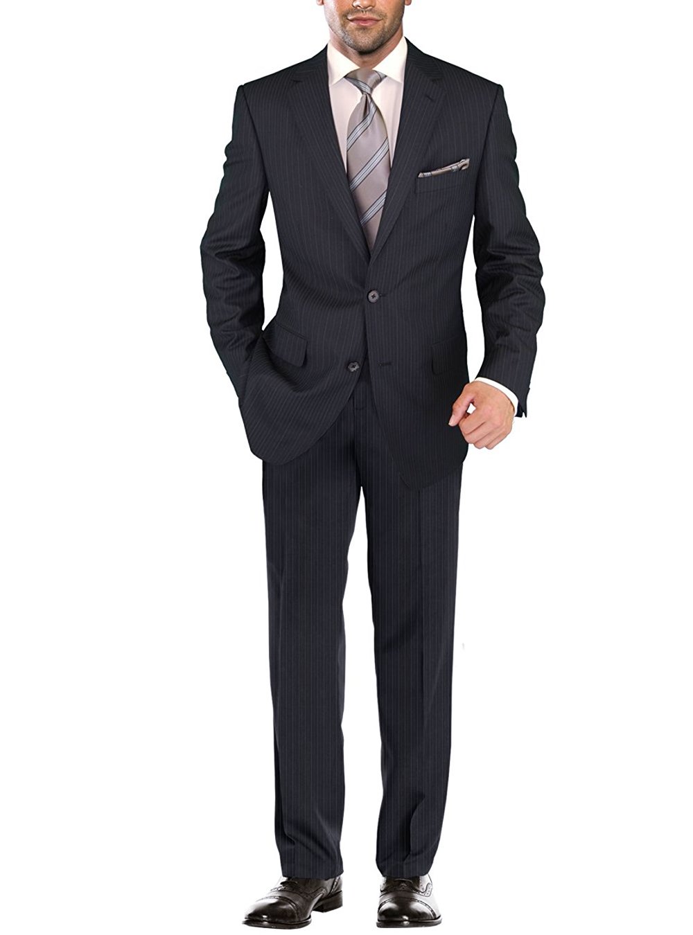 Salvatore Exte Men's Two-Button 2-Piece Suit Set with Jacket & Flat Front Pants - Classic Striped Business Attire for Office, Weddings & Formal Events