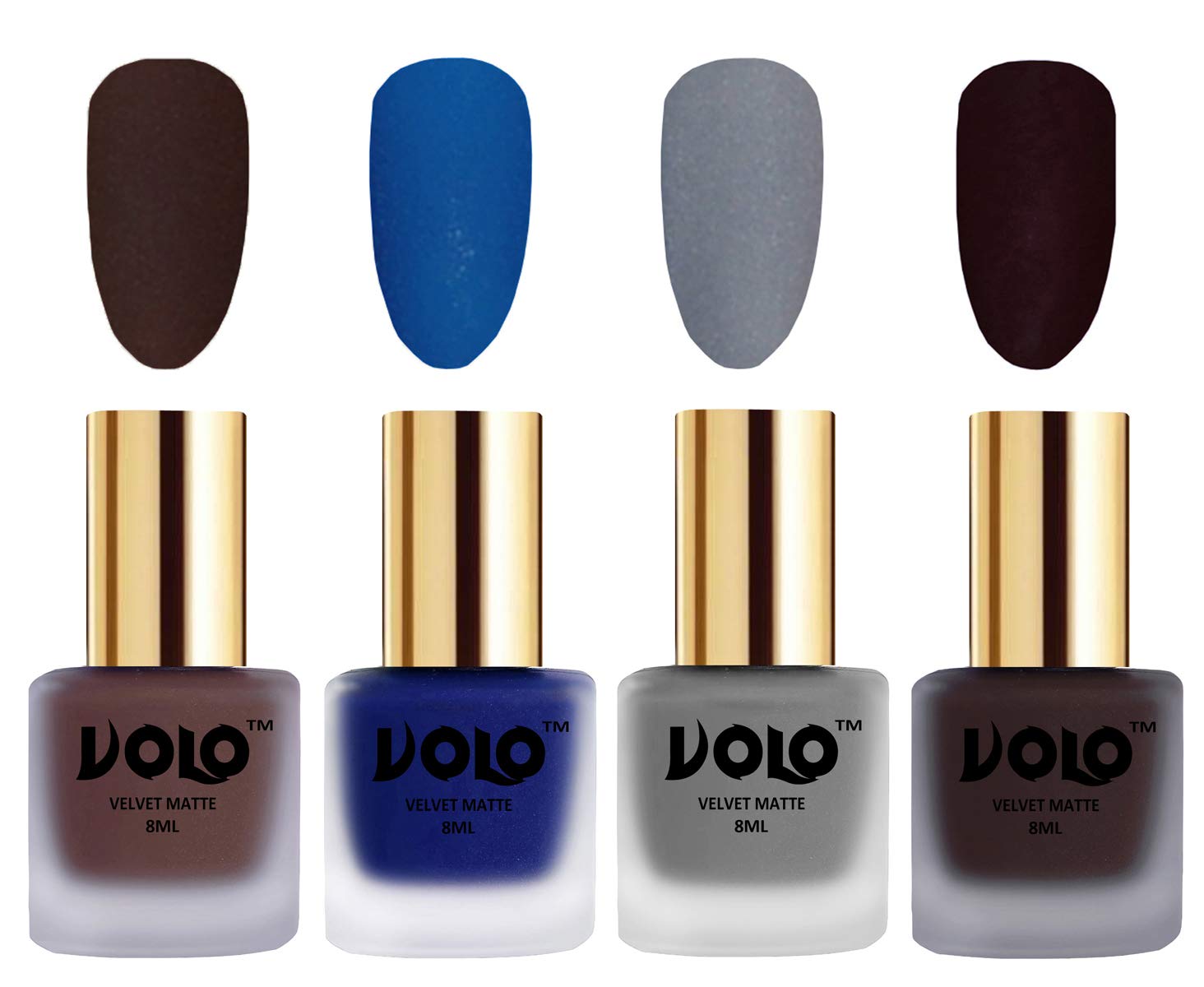Volo Velvet Matte Nail Polish Set - Pack of 4 (Chocolate Brown, Blue, Grey, Dark Wine) 32ml - Long Lasting Vegan Nail Polish for Women - Perfect for Parties, Weddings & Special Occasions