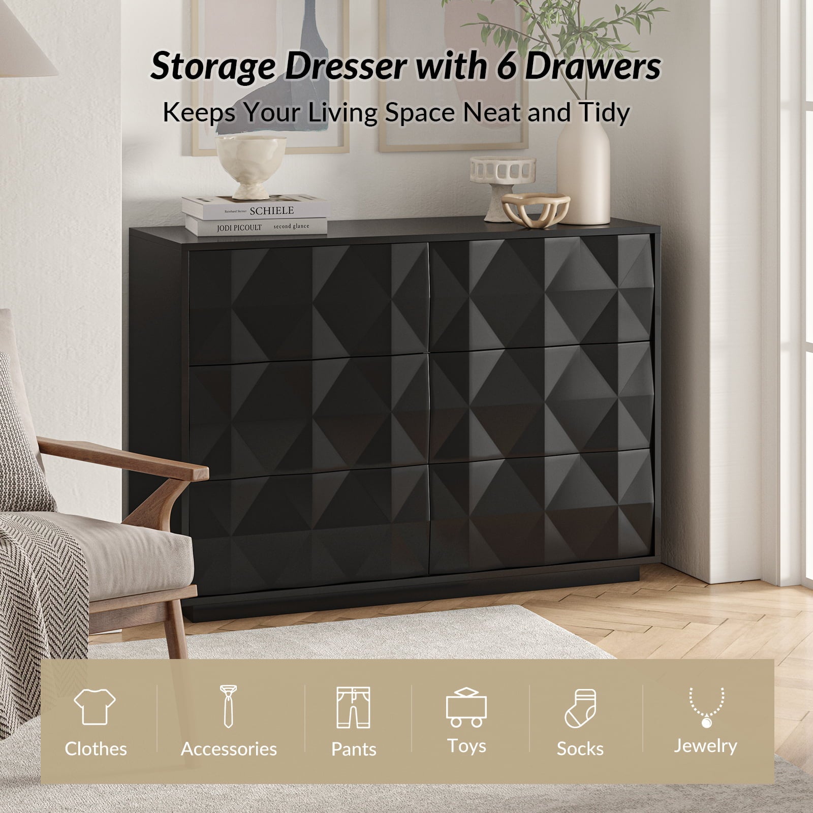 Modern 6-Drawer Dresser with Geometric Design - 50