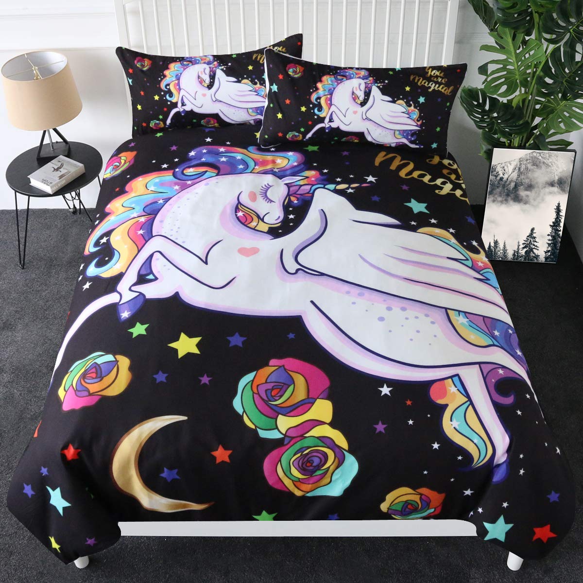 Sleepwish Unicorn Bedding Set for Girls - 3 Piece Twin Size Duvet Cover with Moon & Stars Design, Black Rainbow Rose Unicorn Print - Perfect for Kids' Room Decor, Birthday Gifts & Unicorn Lovers