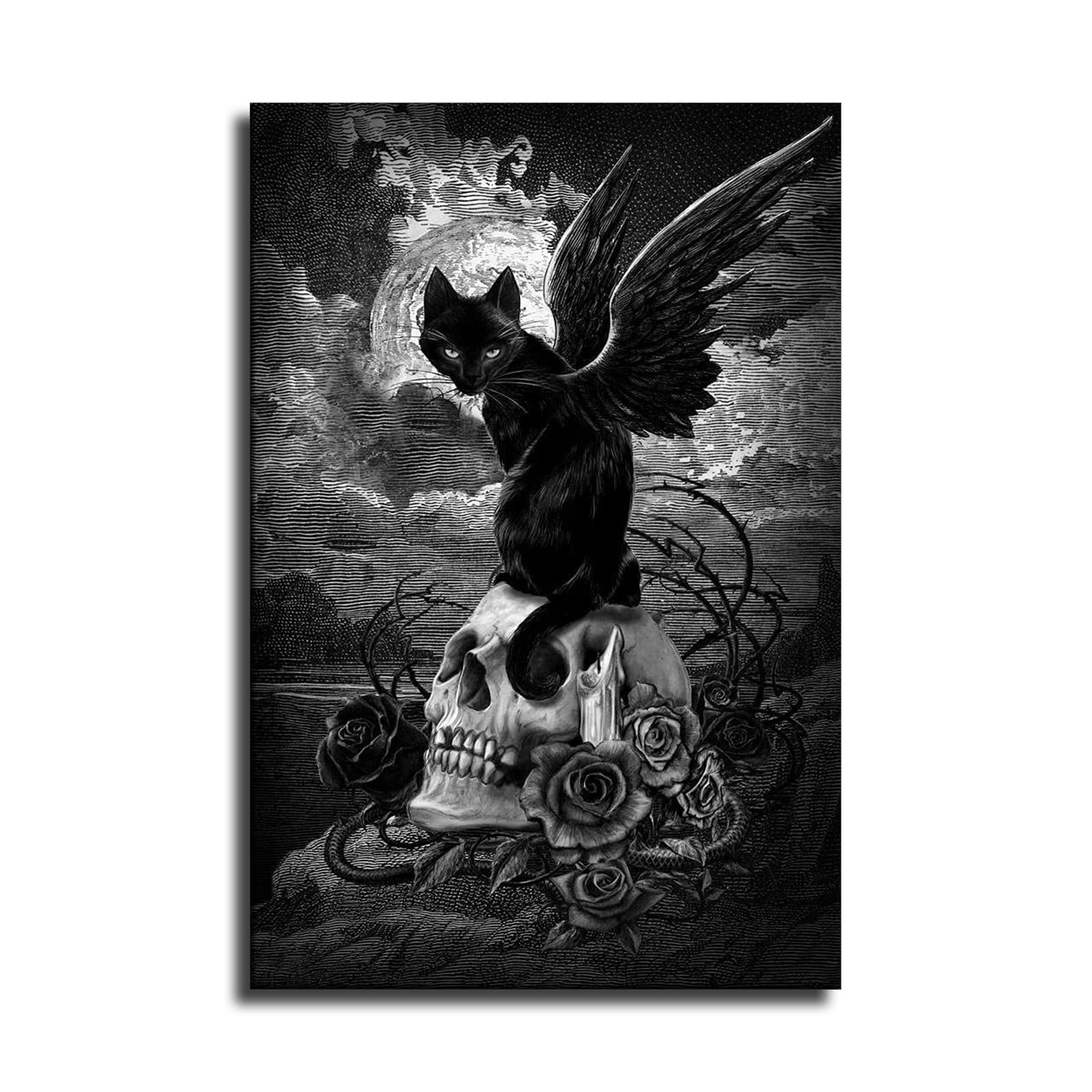 Alchemy Nine Lives of Poe Winged Black Cat on Skull - Gothic Wall Art Print 24x36 Inch Framed Poster - Edgar Allen Poe Inspired Witchy Decor for Goth Room, Horror & Wiccan Occult Themed Spaces - Perfect for Halloween, Dark Academia & Gothic Home Decor