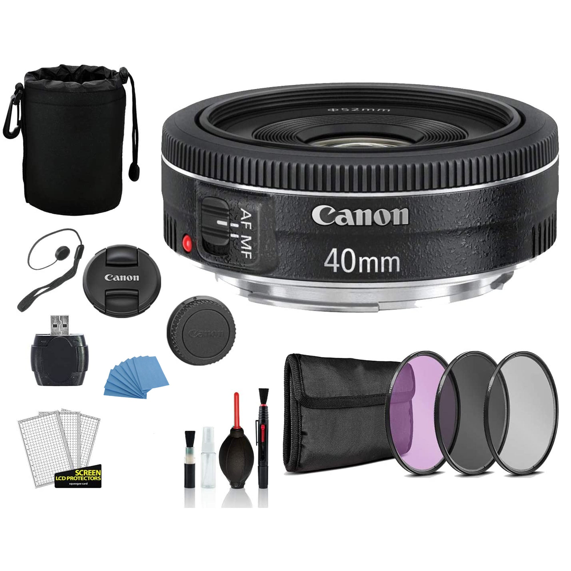 Canon EF 40mm f/2.8 STM Lens with Pouch Kit, Memory Card Reader & Accessories - Perfect for Portrait, Street & Travel Photography