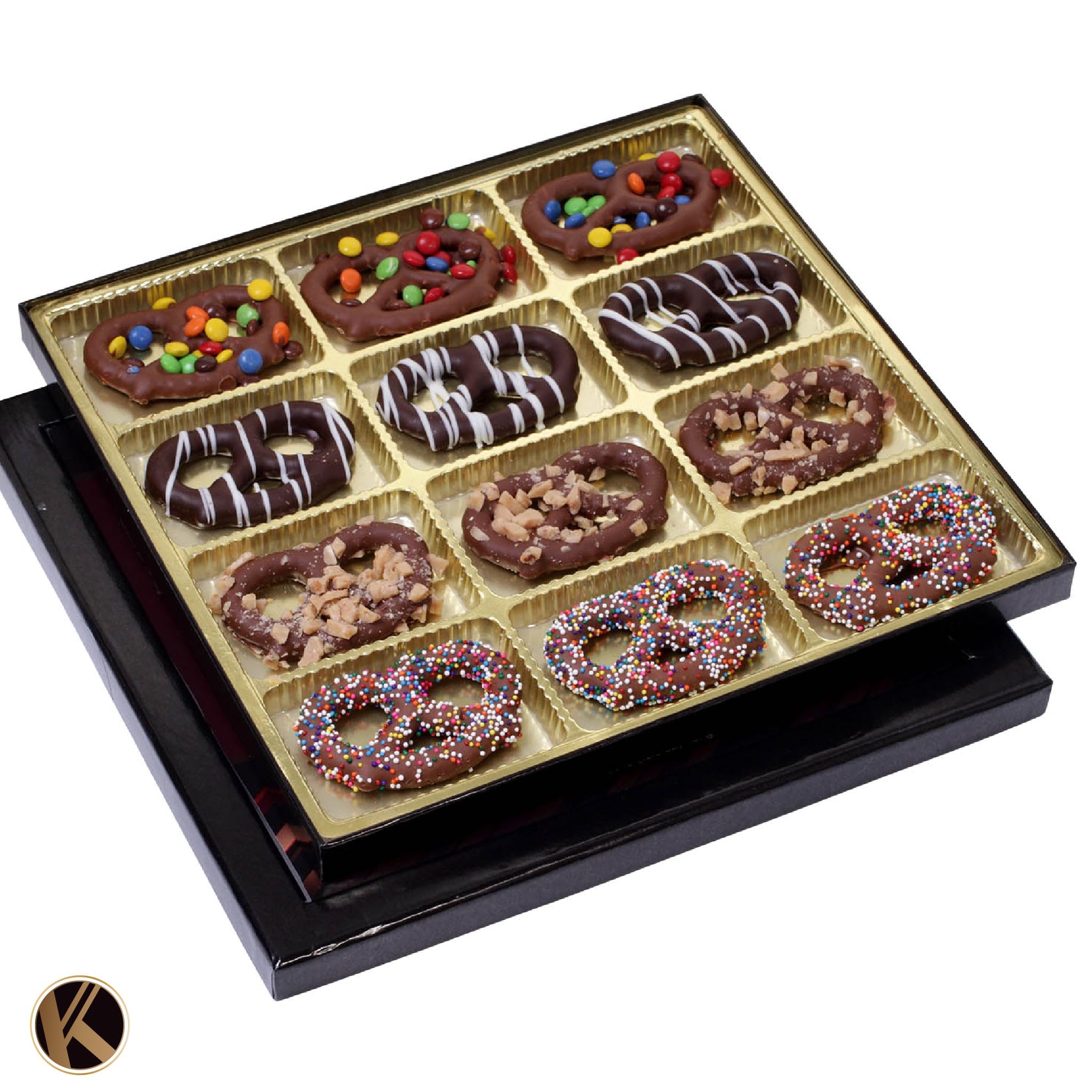 KREMERY Creamy Chocolate Covered Pretzel Twists Gift Basket - 12 Assorted Toppings Easter Treats in Sectional Box | Kosher Dairy, Made in USA | Perfect for Holiday Gifting, Party Favors & Sweet Snacks