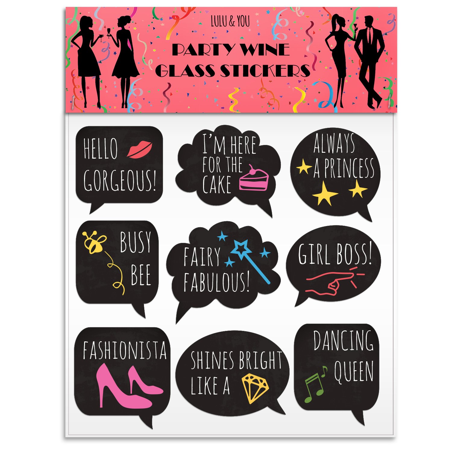 Funny Glass Drink Markers - 18 Reusable Static Cling Stickers for Wine Glasses - Perfect for Wine Tasting Parties, Wedding Favors & Gifts - Great for Home Entertaining & Office Events