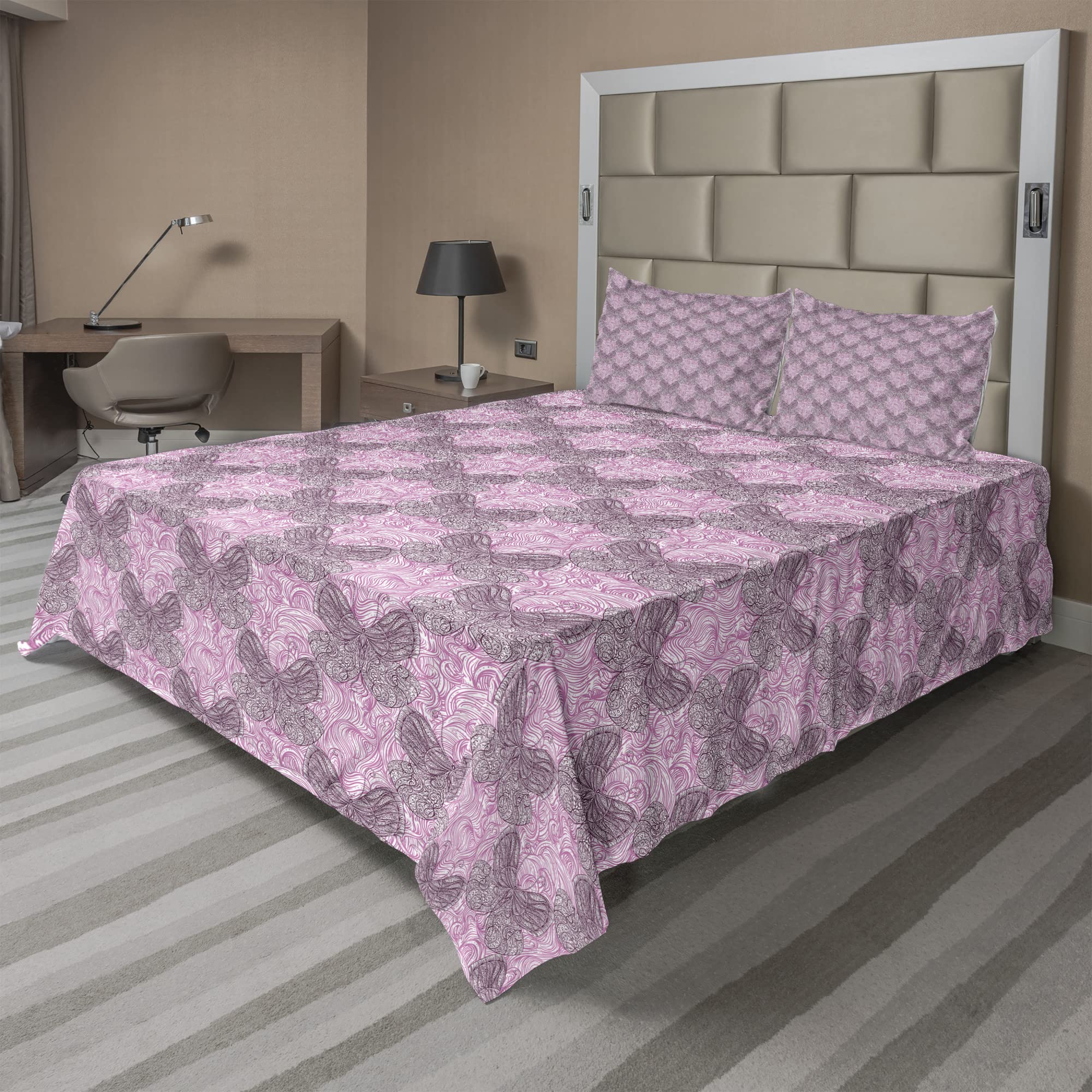 Ambesonne Floral King Size 4-Piece Sheet Set - Abstract Curvilinear Intricate Spring Design in Pink Plum | Soft Bedding with Fitted Sheet, Flat Sheet & 2 Pillowcases | Perfect for Master Bedroom, Guest Room & Spring Home Decor