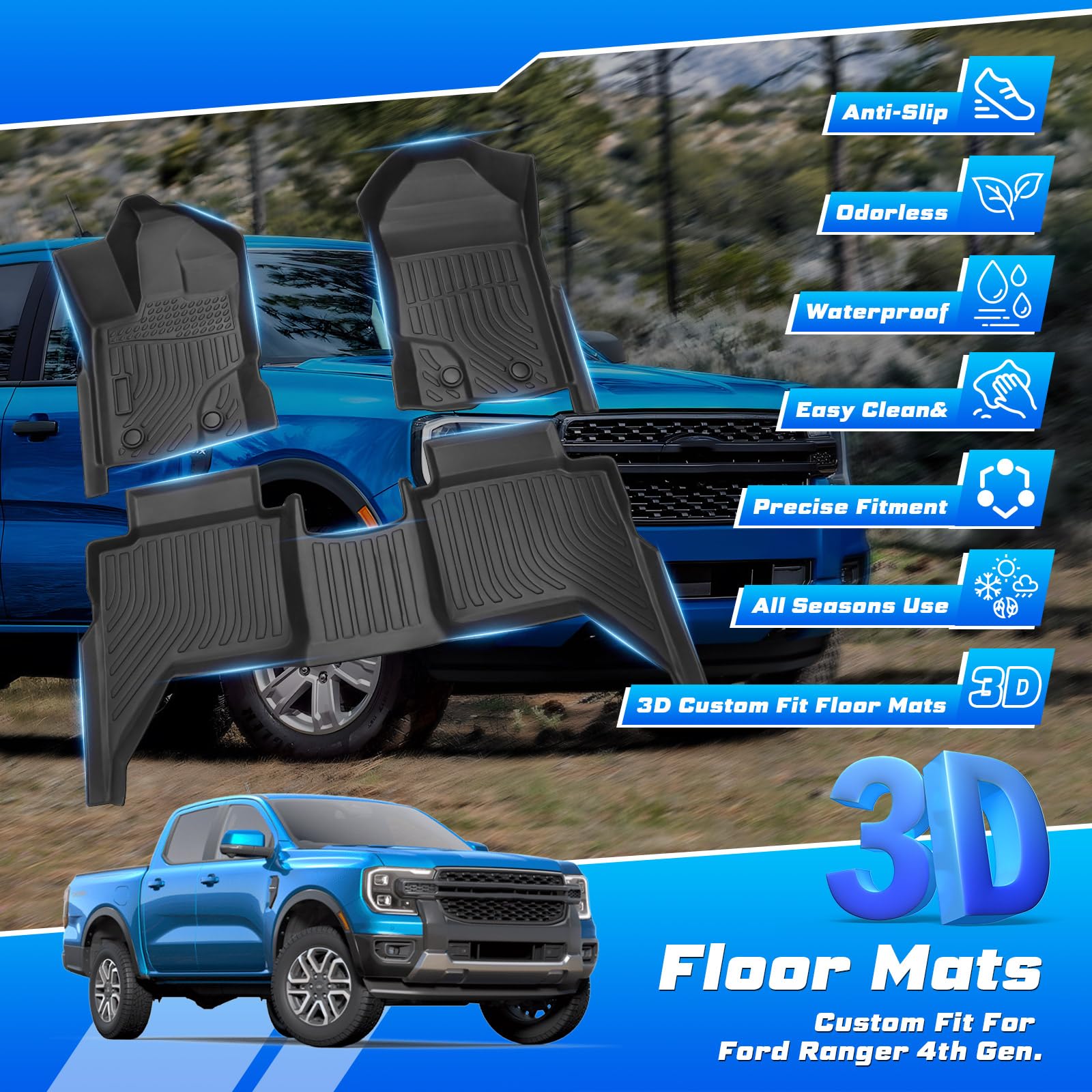 2019-2023 Ford Ranger SuperCrew All Weather Floor Mats - Heavy Duty 3PCS Front & 2nd Row Car Mats Set, Non-Slip Black Rubber Liners - Perfect for Off-Roading, Camping & Daily Driving Protection