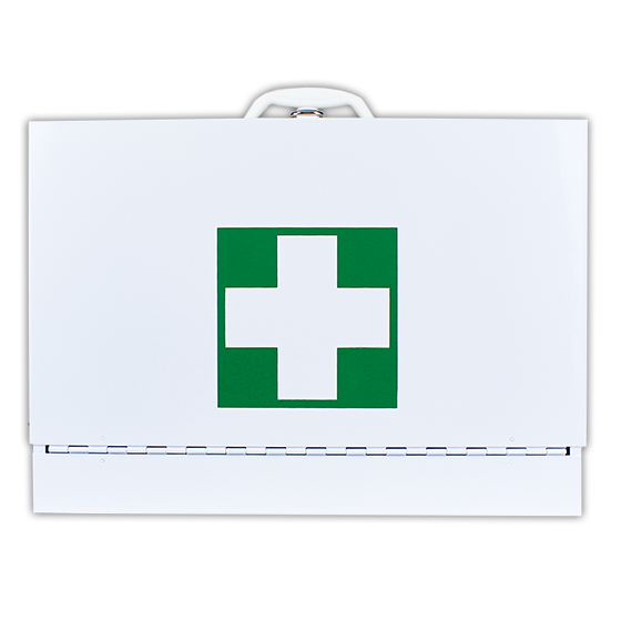 Medium Metal Drop Front First Aid Cabinet - Wall Mount Medical Supply Organizer for Home, Office, or Workshop Emergency Use