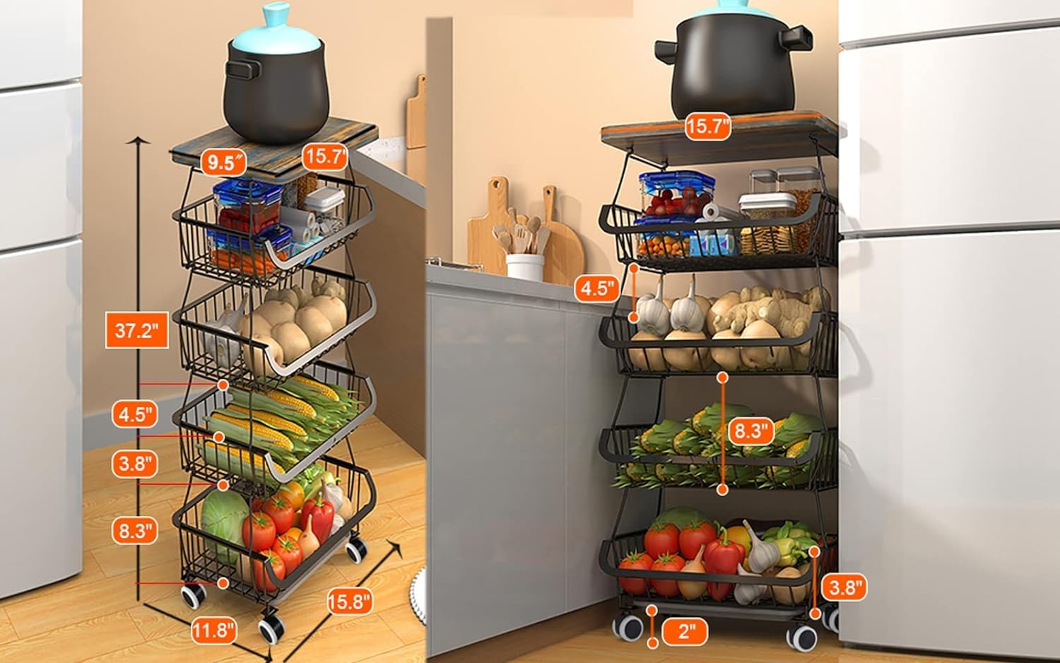 5-Tier Stackable Metal Storage Basket Stand with Wood Top & Wheels - Organizer for Kitchen Pantry, Bathroom, Garage - Perfect for Fruits, Vegetables, Toys & Home Organization