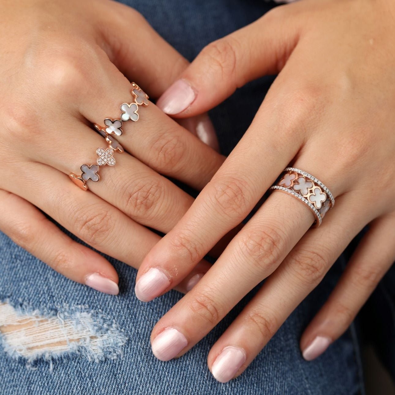 14K Rose Gold Mother of Pearl Clover Diamond Eternity Ring for Women - Elegant Wedding Band, Anniversary Gift & Everyday Jewelry