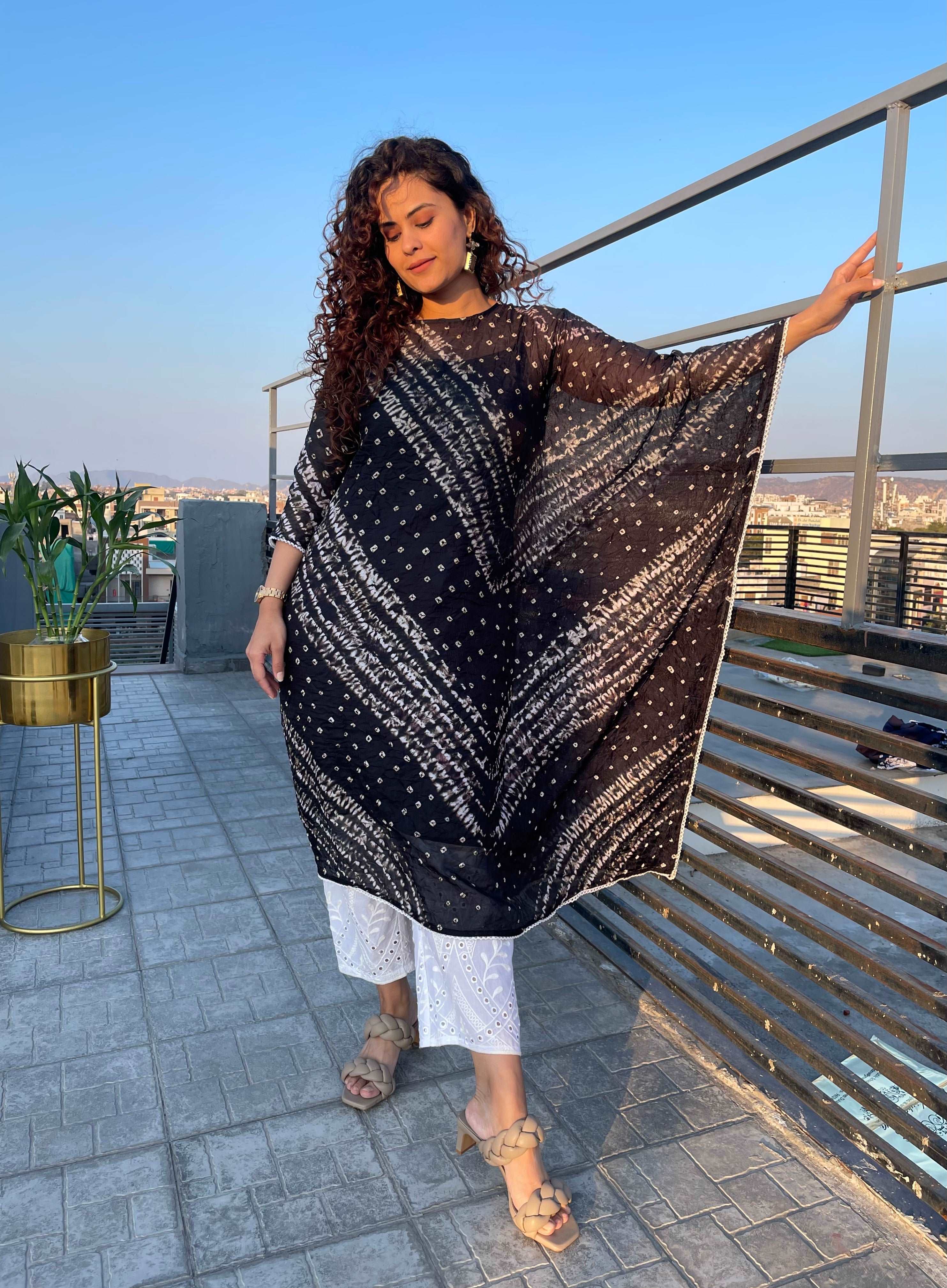 Stylish Black Bandhani Festive Kaftan Set for Women - Traditional Indian Ethnic Wear for Parties, Weddings & Festive Occasions