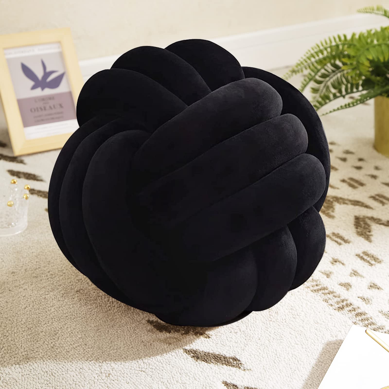 Black 27cm Knot Pillow Ball-Shaped Decorative Throw Pillows - Handmade Braided Plush Cushion for Sofa, Living Room & Bed Decor | Cozy Home Accent, Perfect for Lounging and Stylish Interior Design