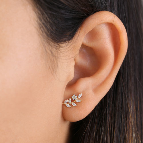 14K Solid Yellow Gold Leaf Stud Earrings with Cubic Zirconia - Elegant & Trendy Jewelry for Women, Perfect for Parties, Weddings & Everyday Wear