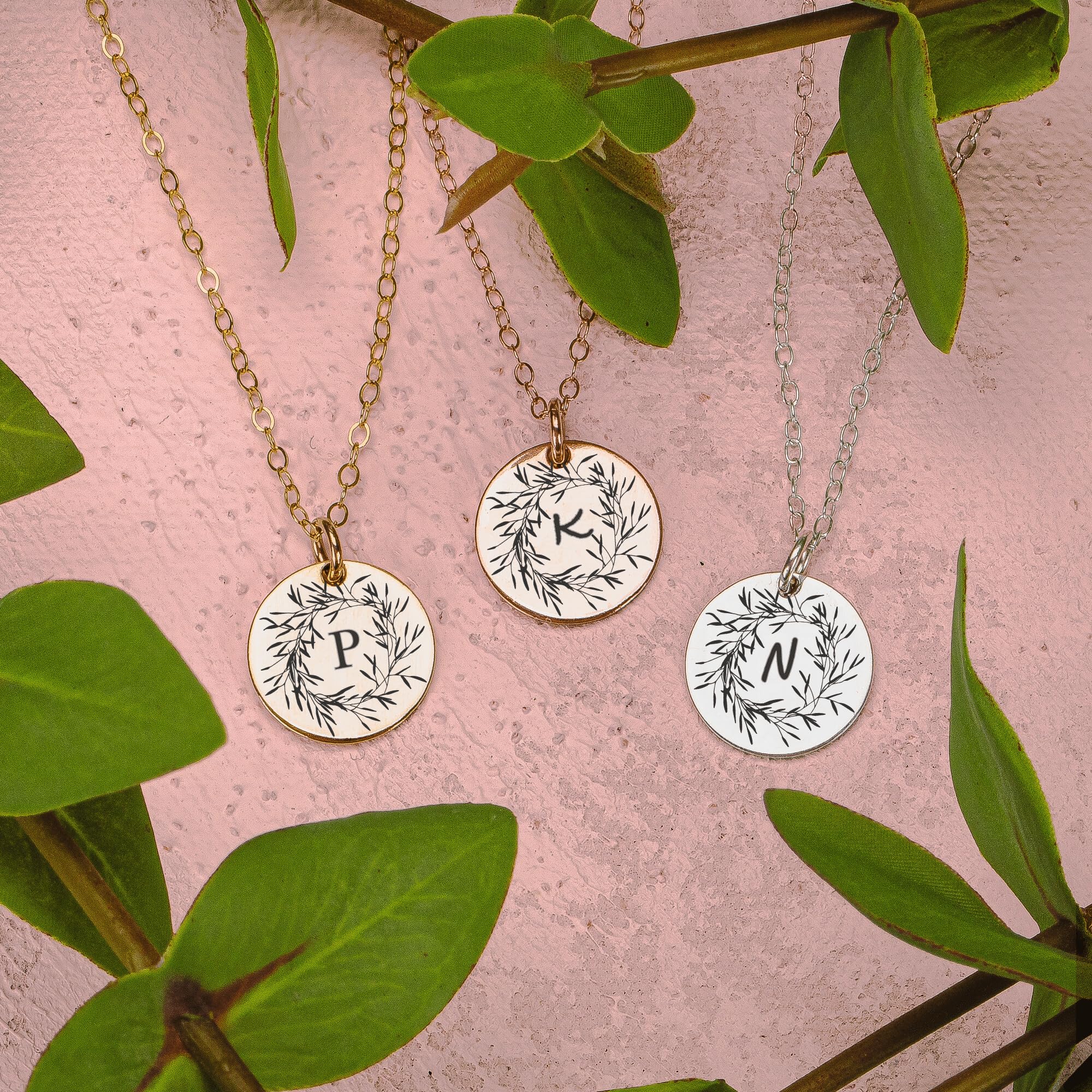 Personalized Engraved Round Disc Necklace - 14K Rose Gold Fill, Olive Wreath Initial, 16 Inches | Custom Name Jewelry Gift for Women, Mom, Wife | Birthday, Anniversary, Valentine's Day Present