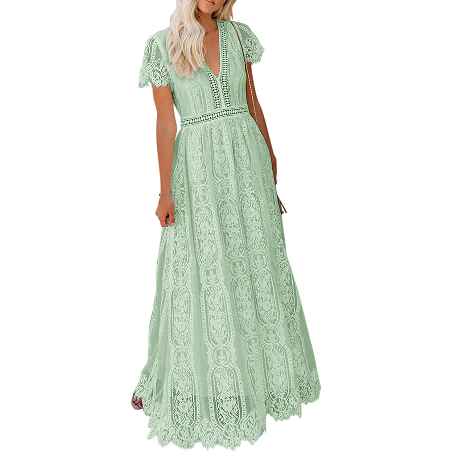 BIGSPCE Women's Sexy Floral Lace Long Dress - V-Neck Short Sleeve Bridesmaid Gown for Wedding, Cocktail Party & Formal Dinner | Elegant Evening Wear & Special Occasion Dress