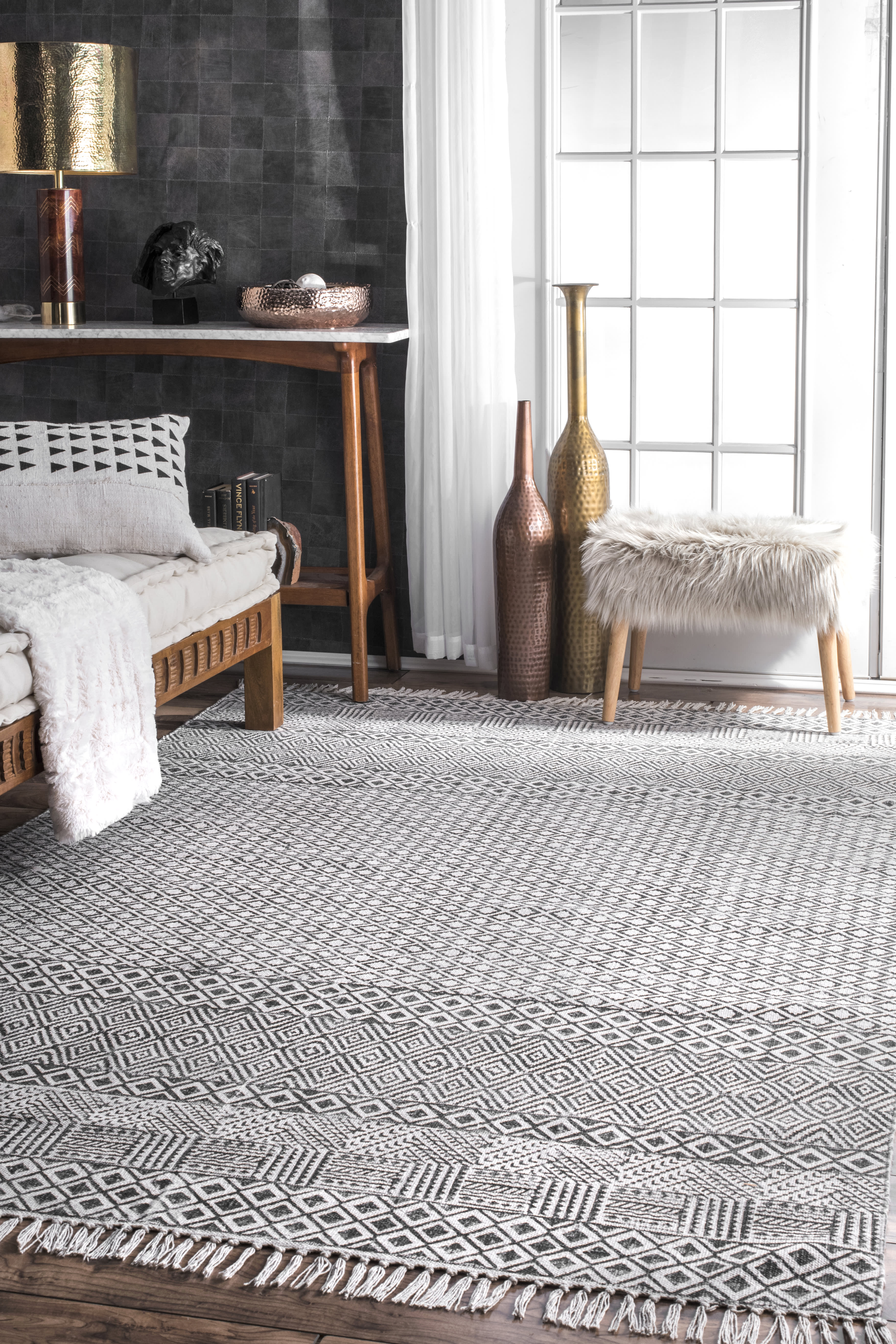 Soft and Durable Cotton Banded Area Rug in Grey - Perfect for Living Room, Bedroom, or Nursery Decor