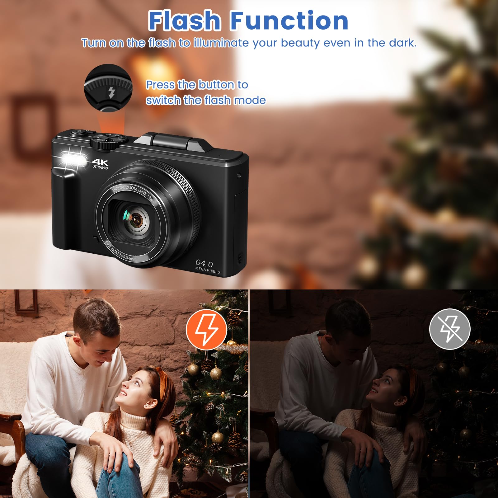 4K Digital Camera for Photography & Vlogging - 64MP HD WiFi Compact Camera with 3