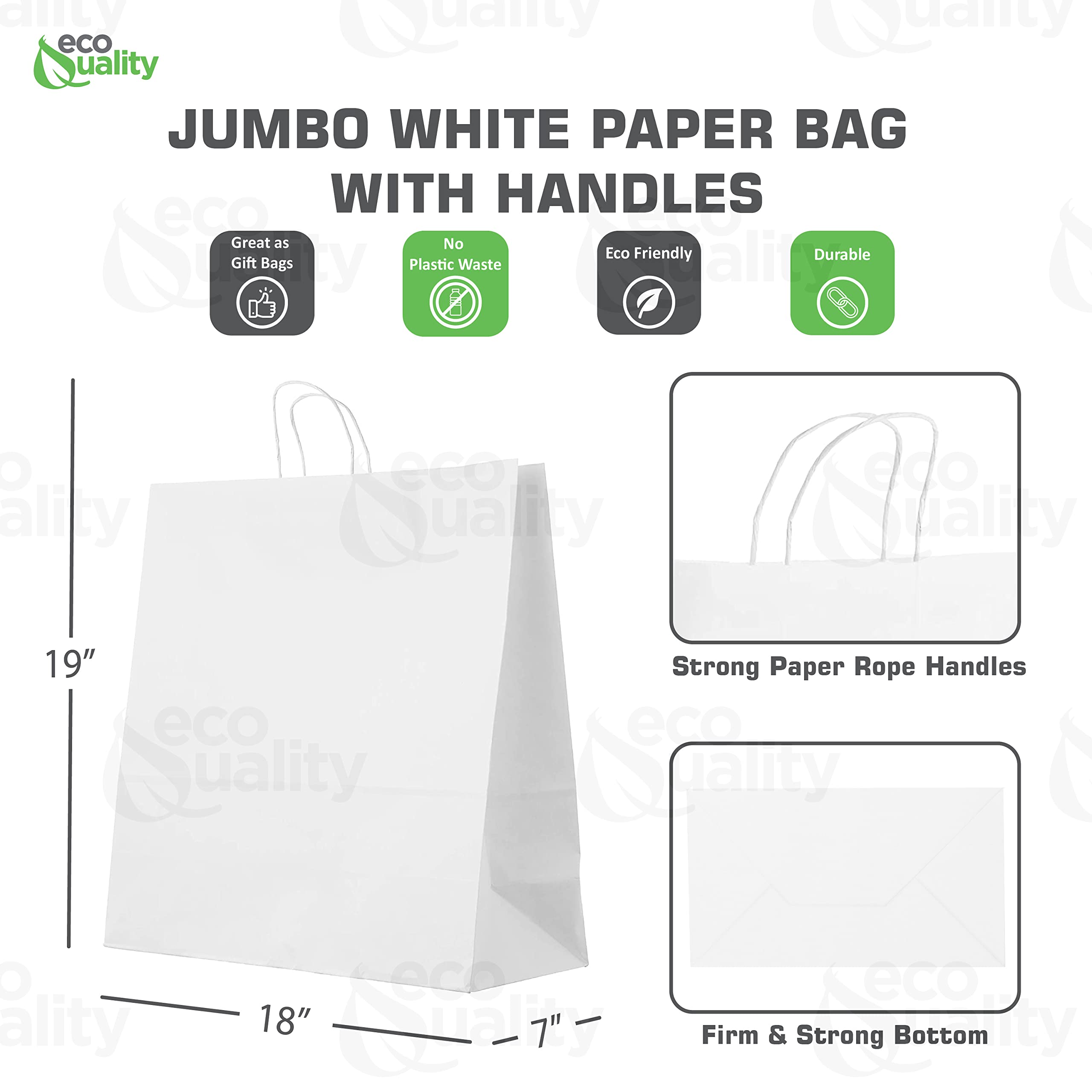 EcoQuality Large White Kraft Paper Bags with Handles 18x7x19 inches - 200 Pack | Reusable & Durable Shopping, Gift, Party, Grocery Bags | Eco-Friendly Lunch Bags for Retail, Merchandise & Everyday Use