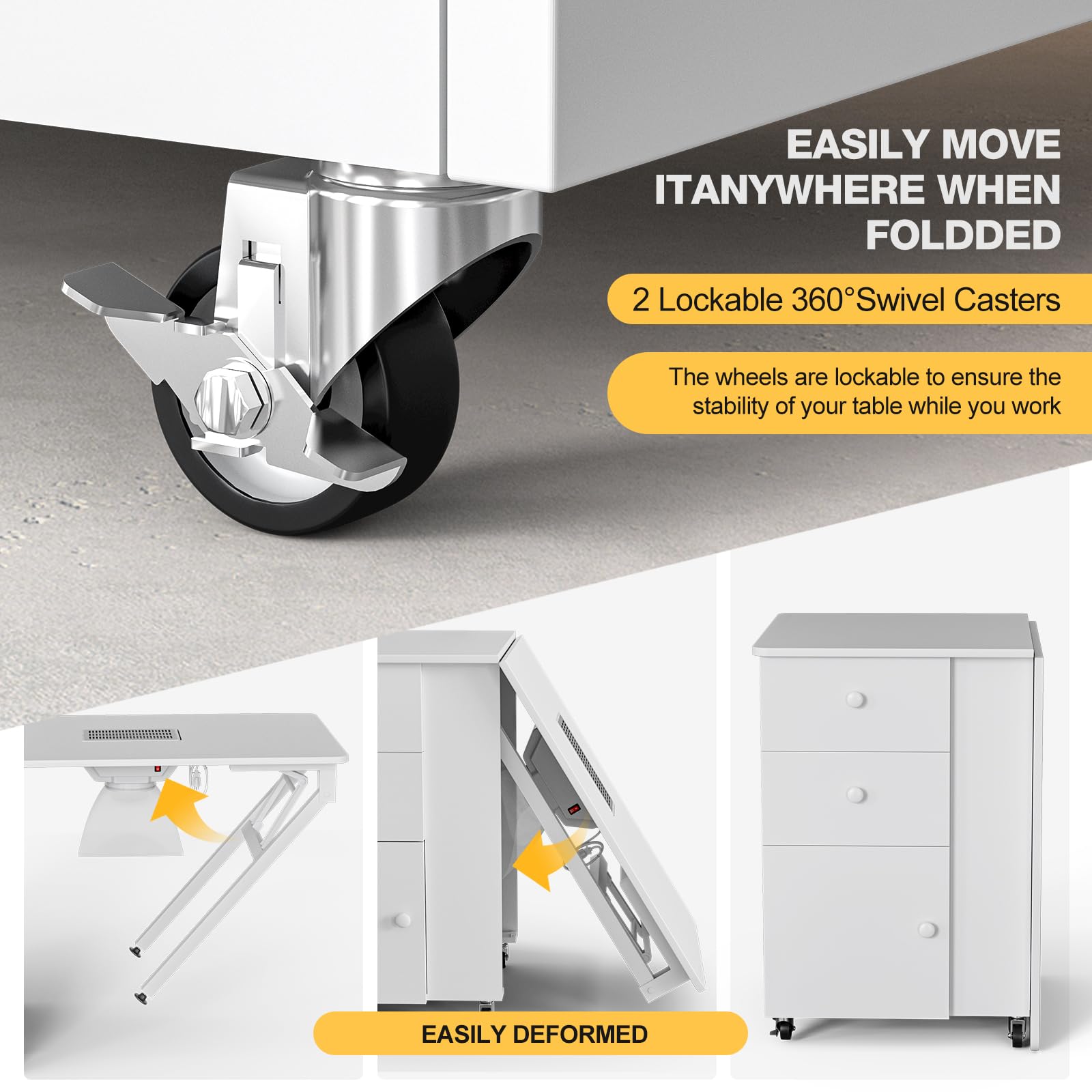 Foldable Manicure Table with Built-in Dust Collector - Adjustable Nail Desk for Professionals | Portable Rolling Nail Station with Wrist Support & Lockable Wheels | Perfect for Home Salons & Mobile Nail Technicians (White)
