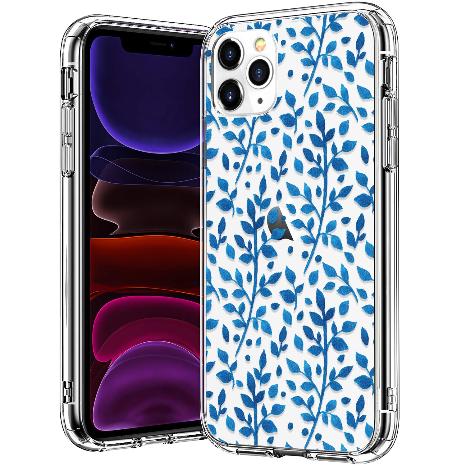 BICOL iPhone 11 Pro Max Case - Blue Leaves Pattern Clear Hard Plastic Back with TPU Bumper | Protective Cover for Apple iPhone 11 Pro Max 6.5 Inch (2019) | Slim Fit, Shockproof & Scratch Resistant for Everyday Use