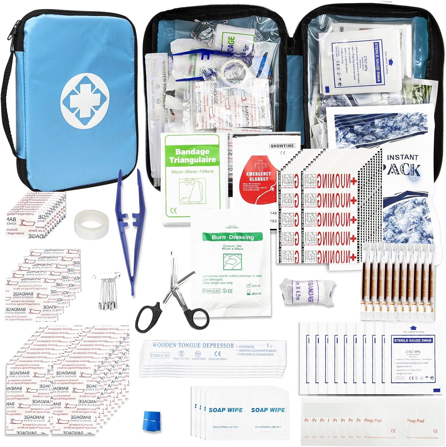 300Pcs First Aid Kit Refill Supplies - Emergency Medical Essentials for Home, Car, Workplace & Outdoor Activities (Camping, Hiking, Backpacking, Skating) - Waterproof Blue First Aid Bag