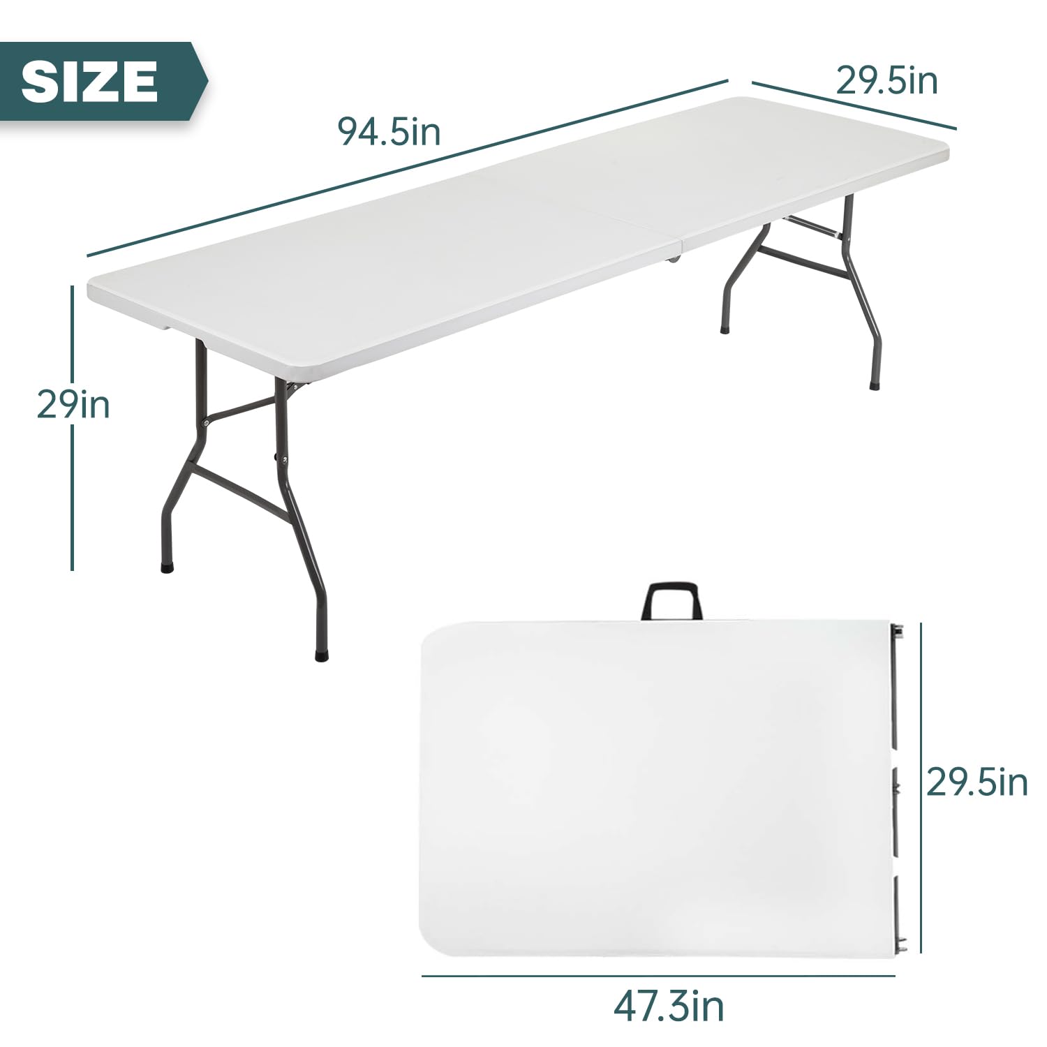 8 Foot Foldable Outdoor Dining Table - Portable Rectangular Plastic Folding Table with Built-in Handle for Parties, Weddings, Picnics & Backyard Gatherings - White