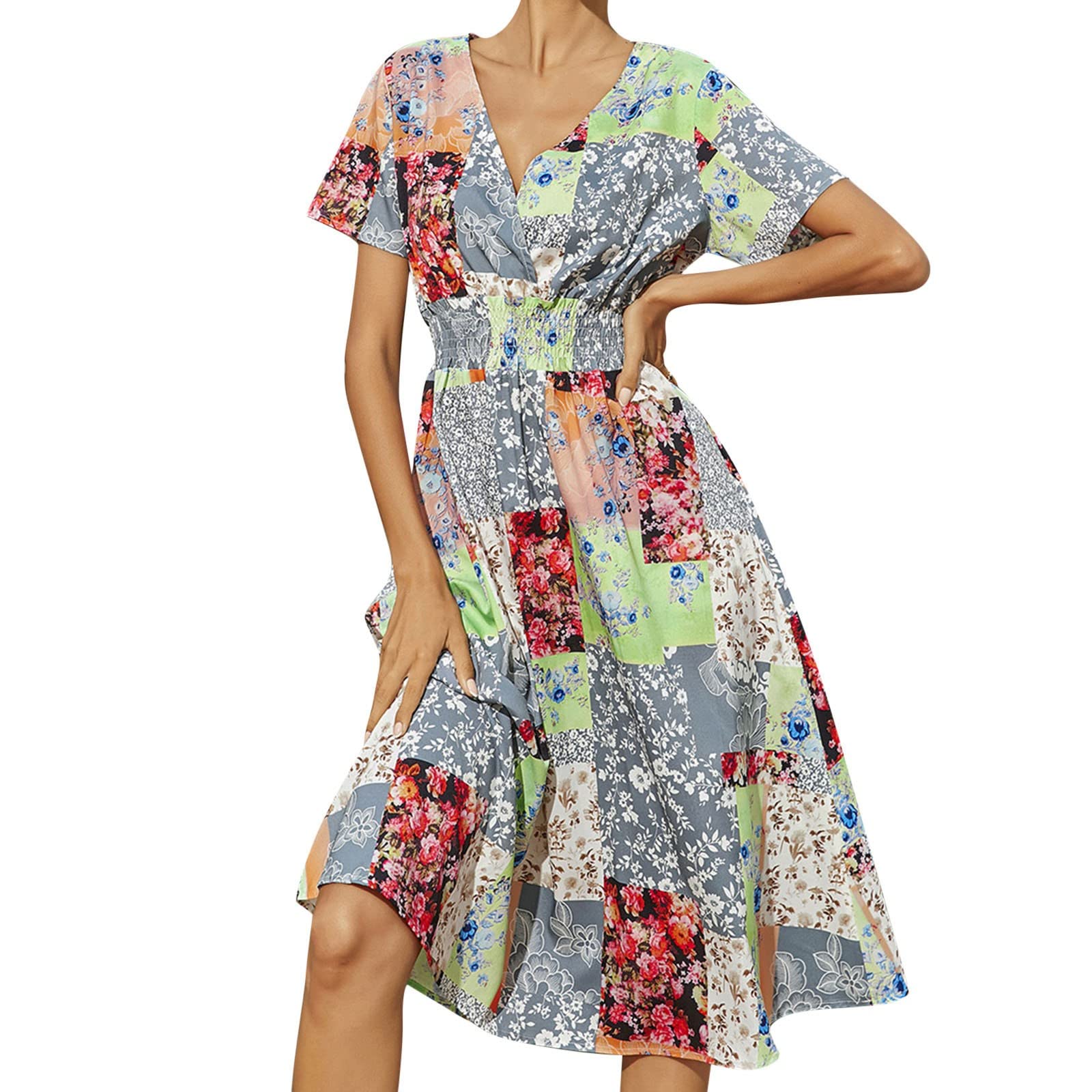 Floral Print V-Neck A-Line Dress for Women - Casual Short Sleeve Elegant Summer Dress with Slit | Perfect for Beach, Vacation, Date Night and Office Wear