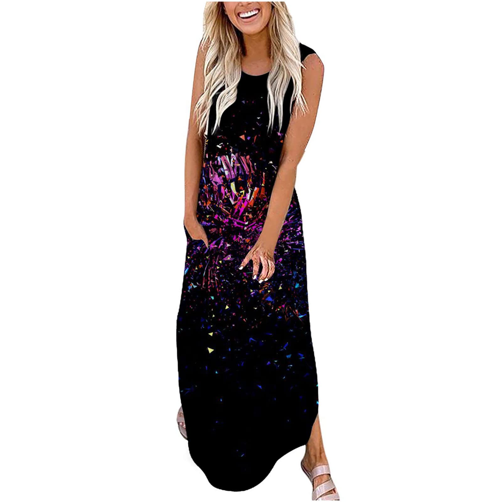 Women's Summer Casual Maxi Sundress - Sleeveless Cross Round Neck, High Slit, Pockets - Plus Size Beach Vacation Dress for Women (Gold) | Perfect for Beach Outings, Pool Parties, and Summer Getaways
