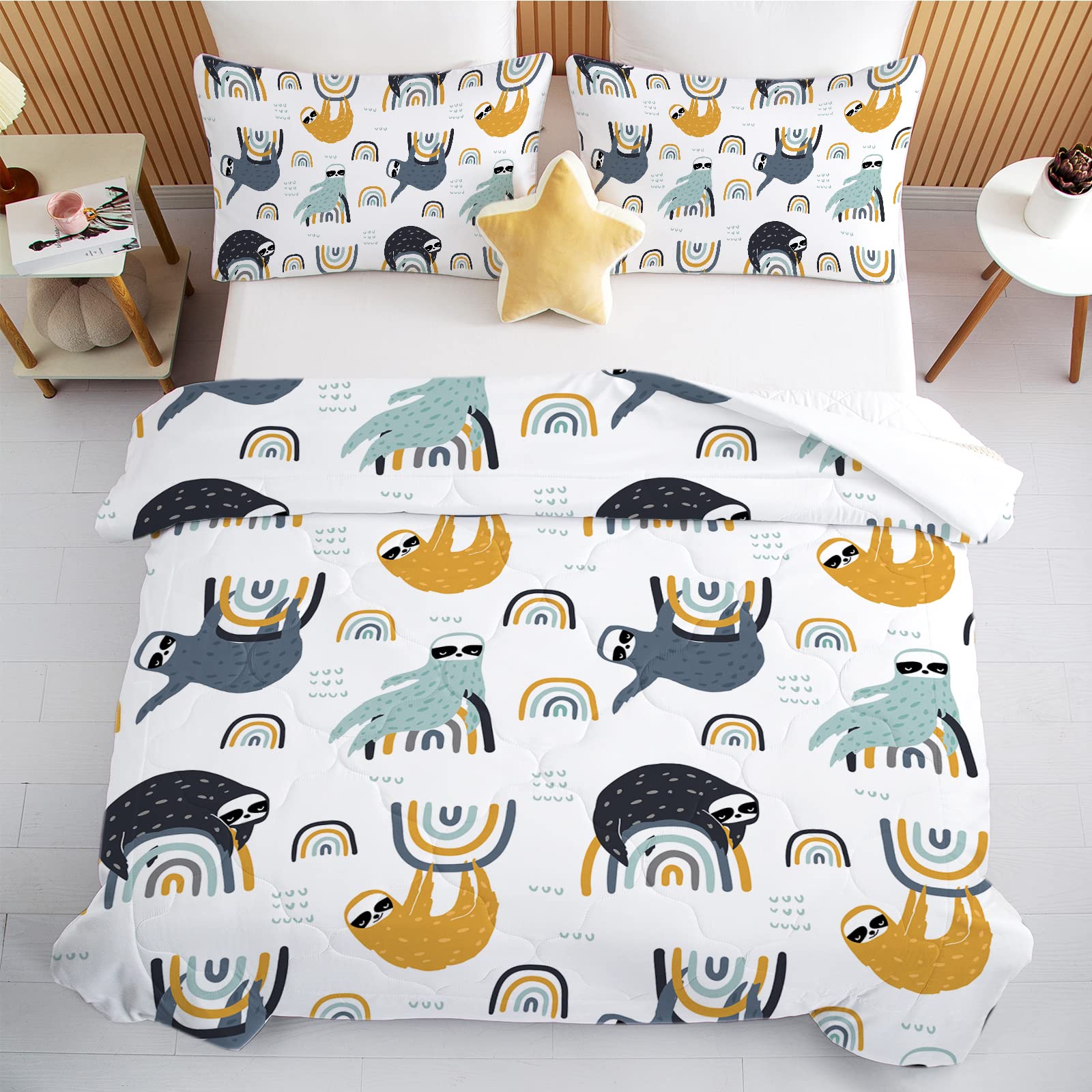 BEDMUST Kids Rainbow Comforter Set - 3 Piece Black & Yellow Animal Print Bedding with 1 Comforter & 2 Pillow Shams | Soft Twin/Full Size Bed Set for Boys & Girls Bedroom Decor