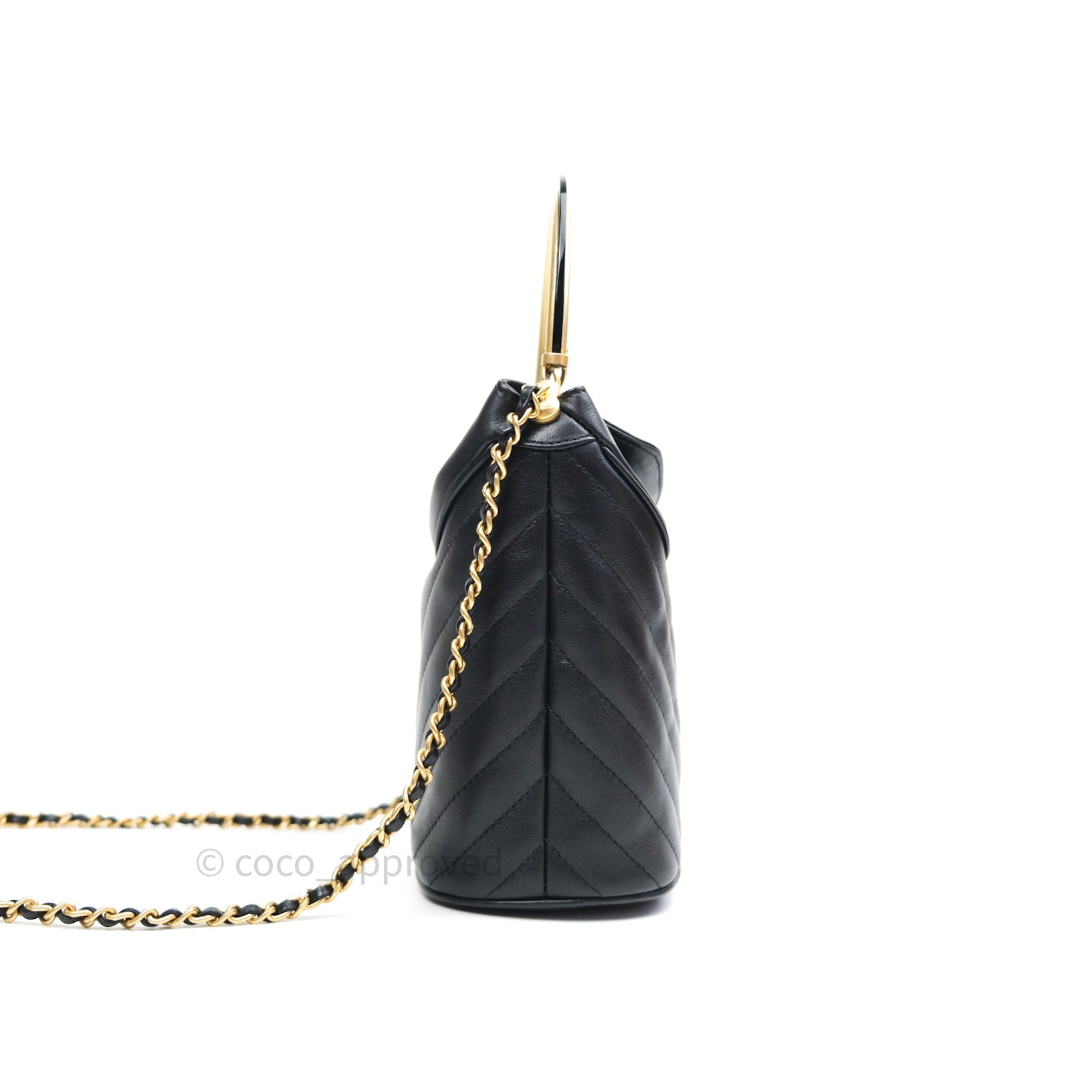 Chanel Chic Black Lambskin Chevron Quilted Bucket Bag with Handle - Luxury Women's Shoulder Bag for Work, Travel & Evening Events
