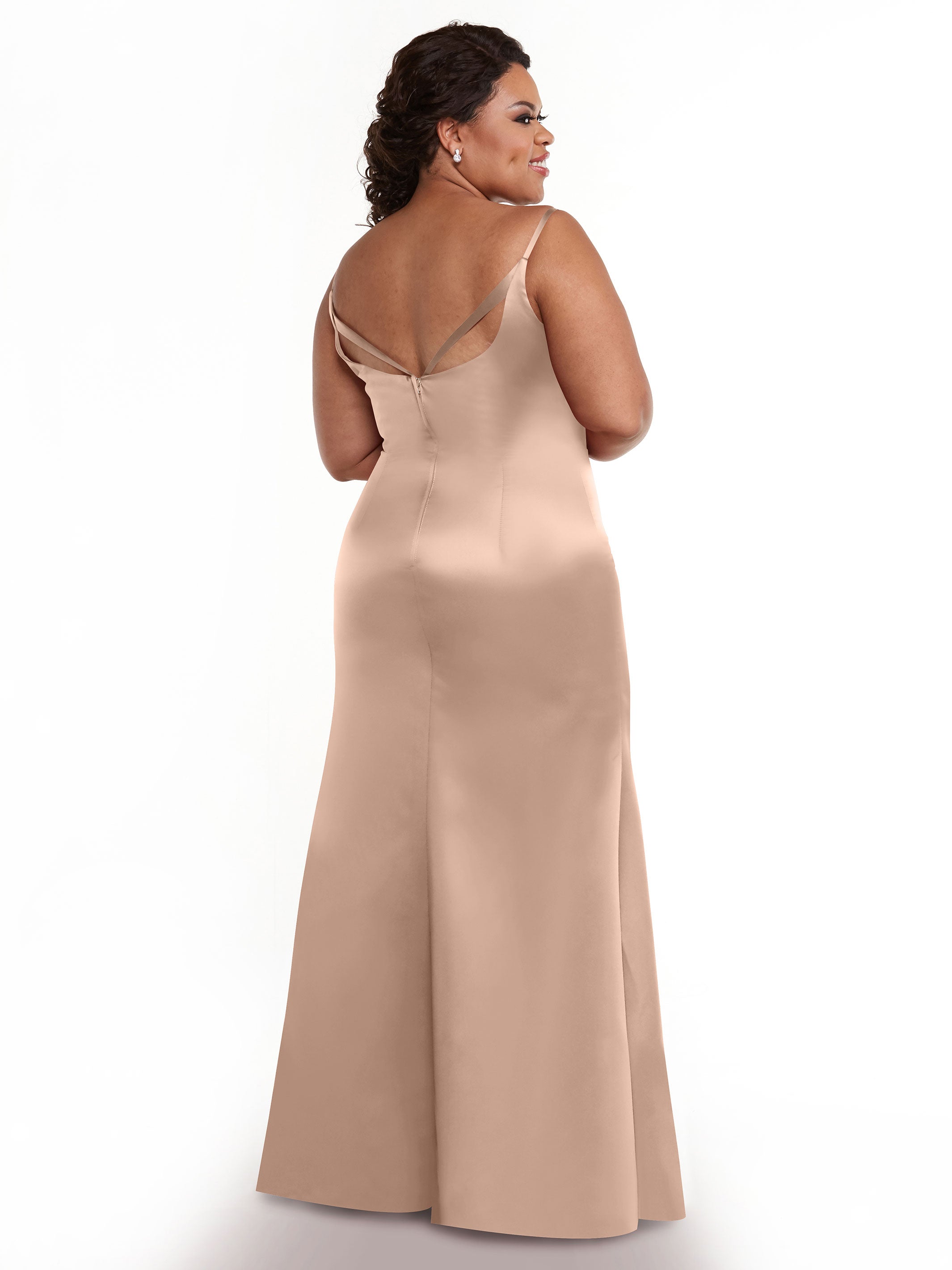 Elegant 80132 Fit and Flare Satin Bridesmaid Dress with Thigh High Slit - Perfect for Weddings, Proms, and Formal Events