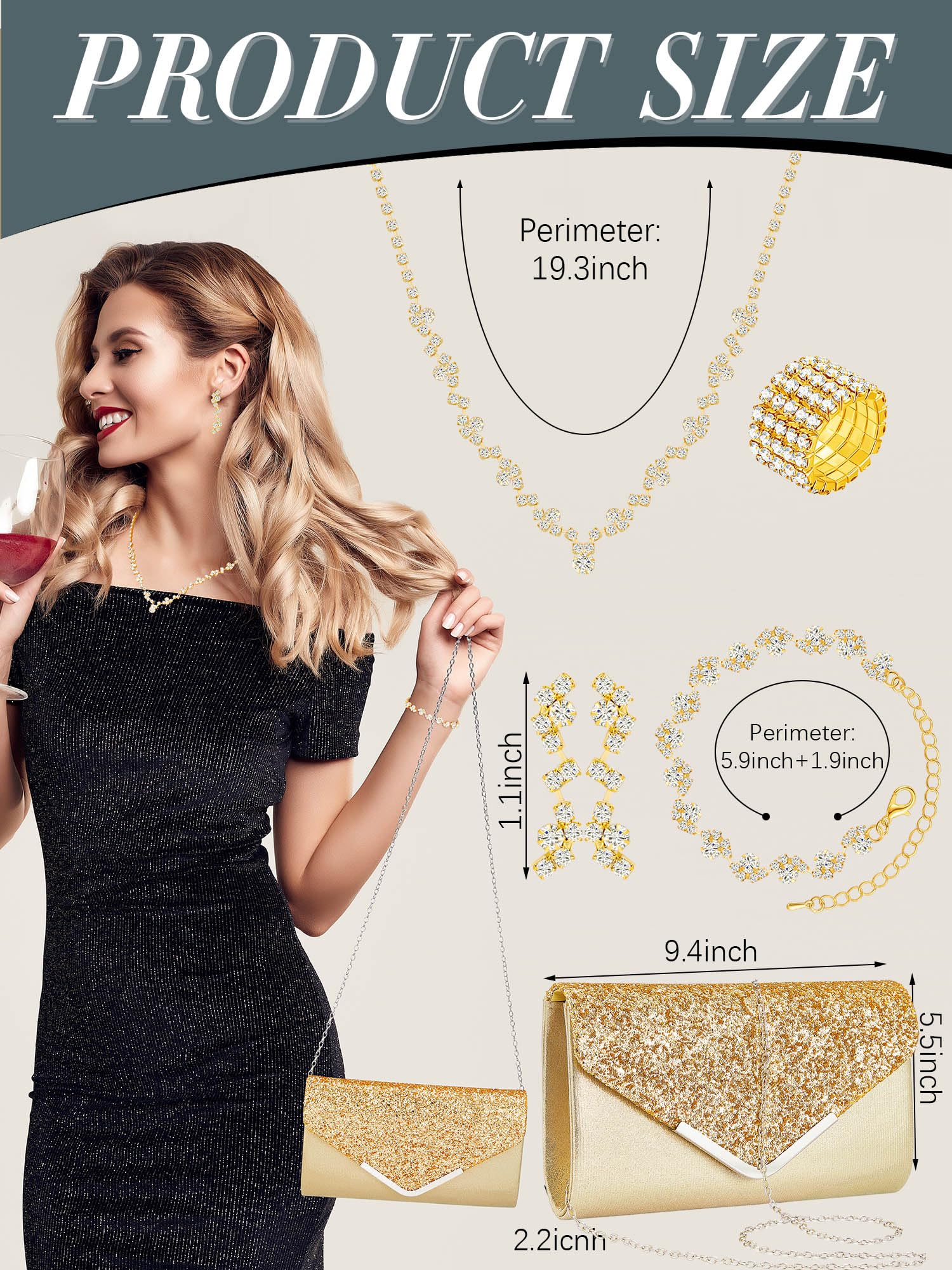 Henoyso 5-Piece Rhinestone Jewelry Set for Women - Elegant Necklace, Earrings & Bracelet Set with Matching Clutch Purse - Perfect for Bridal, Prom, Wedding & Formal Events
