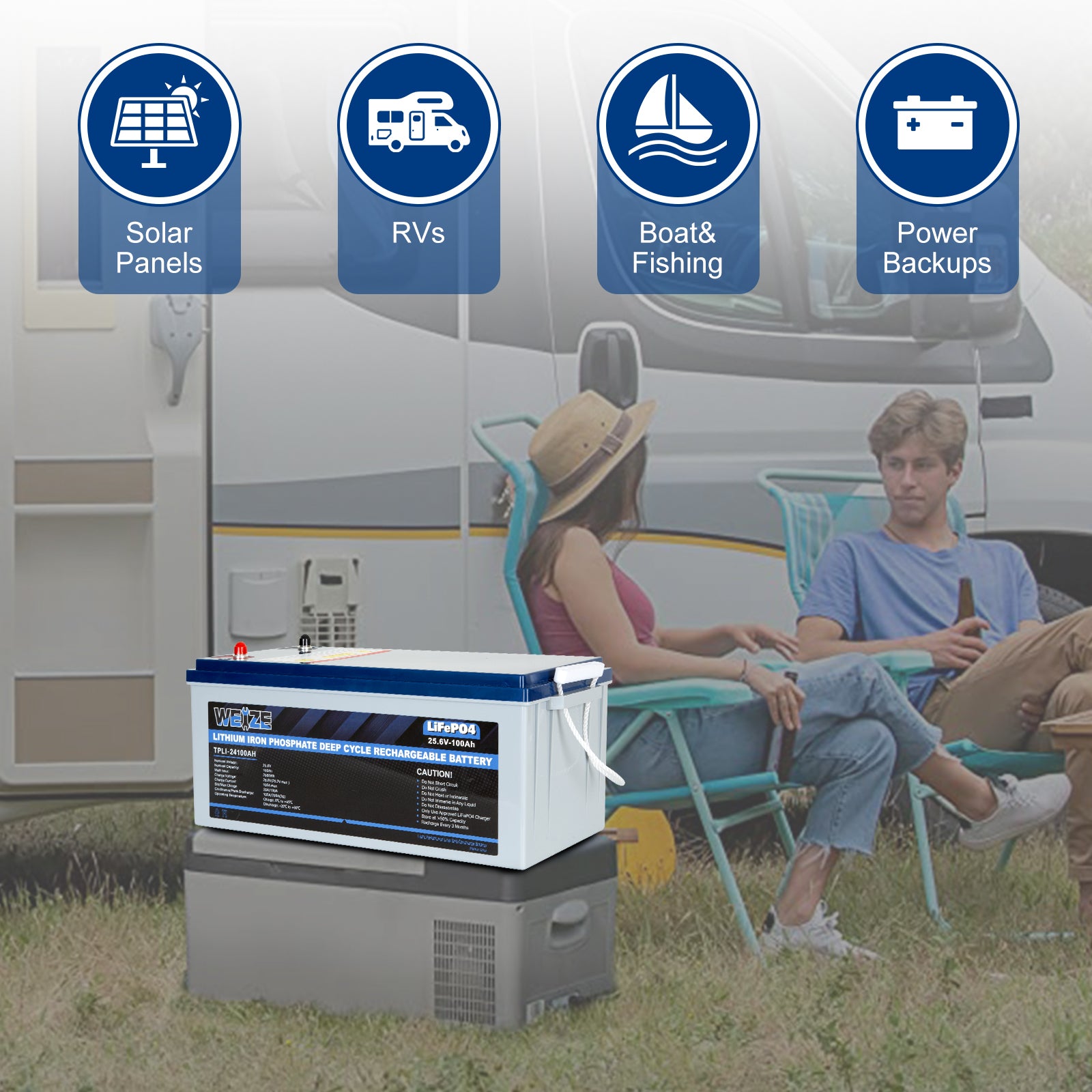 WEIZE 24V 100Ah 2560Wh Deep Cycle LiFePO4 Lithium Battery - Perfect for Solar Power Systems, RVs, Marine & Off-Grid Applications