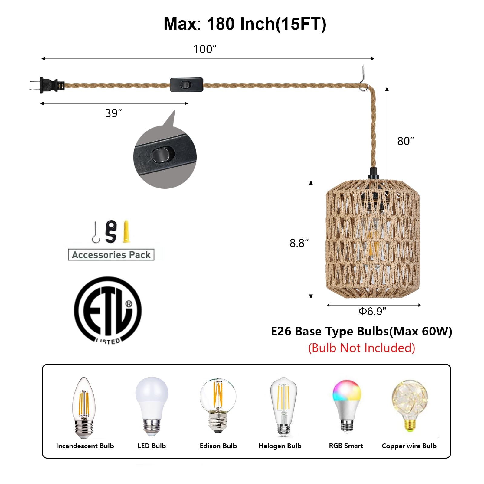 Rattan Plug-in Pendant Light with 15ft Cord & On/Off Switch - Hand Woven Wicker Chandelier - Boho Hanging Lamp for Bedroom, Kitchen, Hallway, Foyer - Perfect for Farmhouse, Apartment & Dining Room Decor