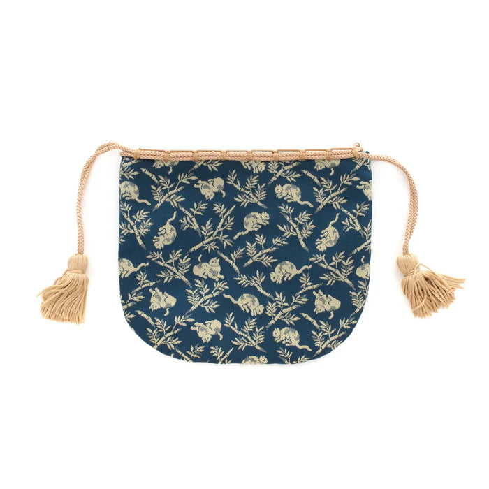 Nishijin Ori Small Drawstring Bag - Handmade Japanese Traditional Craft Purse with Bamboo Groves & Cats Design in Navy Blue | Made in Kyoto Japan | Perfect for Gift, Cosmetics & Jewelry Storage