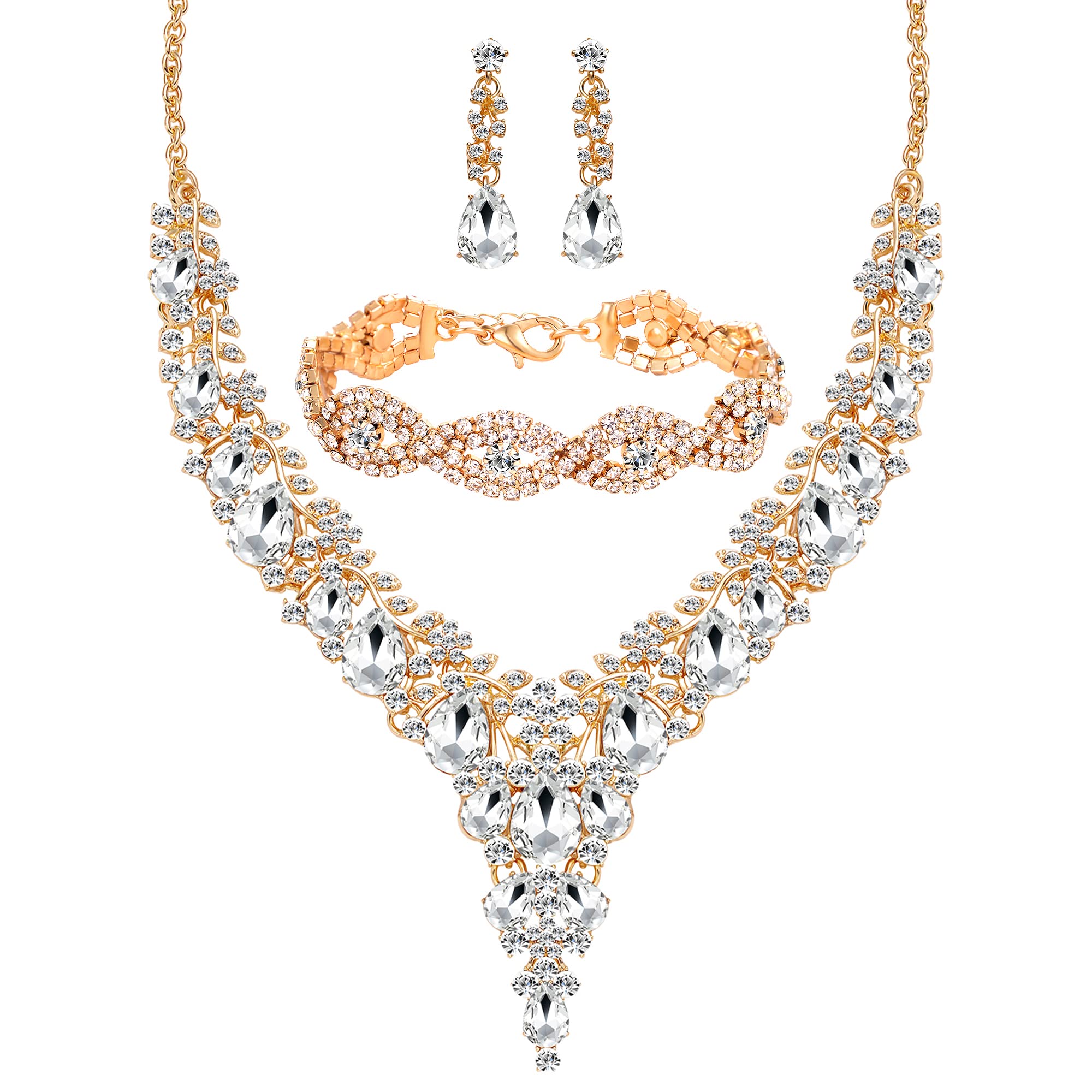 3/4 Piece Women's Wedding Bridal Jewelry Set - Crystal Tiara Crown, Teardrop Necklace, Dangle Earrings & Rhinestone Bracelet | Elegant Bridal Accessories for Women & Girls | Perfect for Weddings, Prom, Parties & Special Occasions