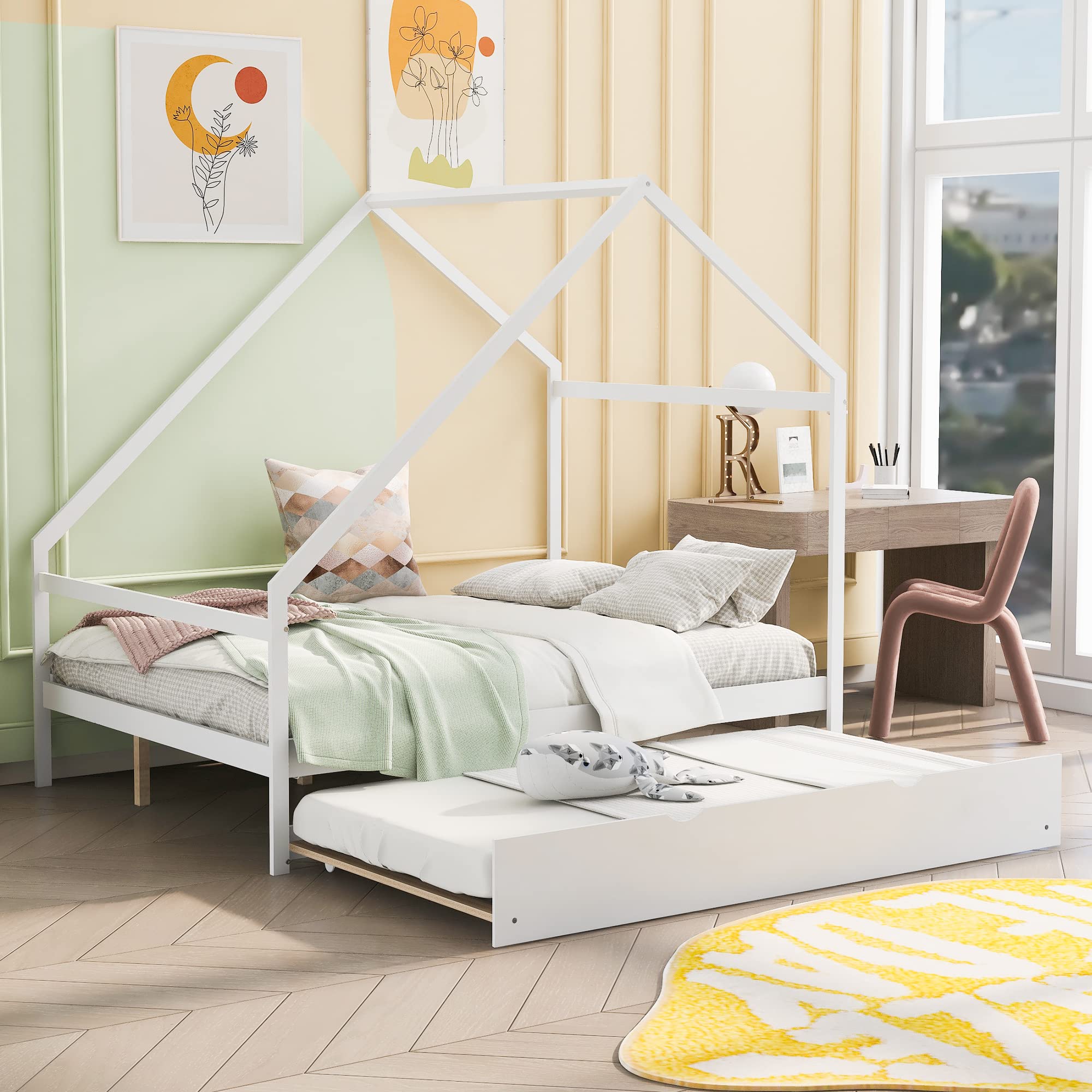 **Wooden Full House Bed for Kids & Teens - Twin Size Trundle Bed Included - No Box Spring Needed - Perfect for Bedrooms, Playrooms & Sleepovers (White, Full Size)**