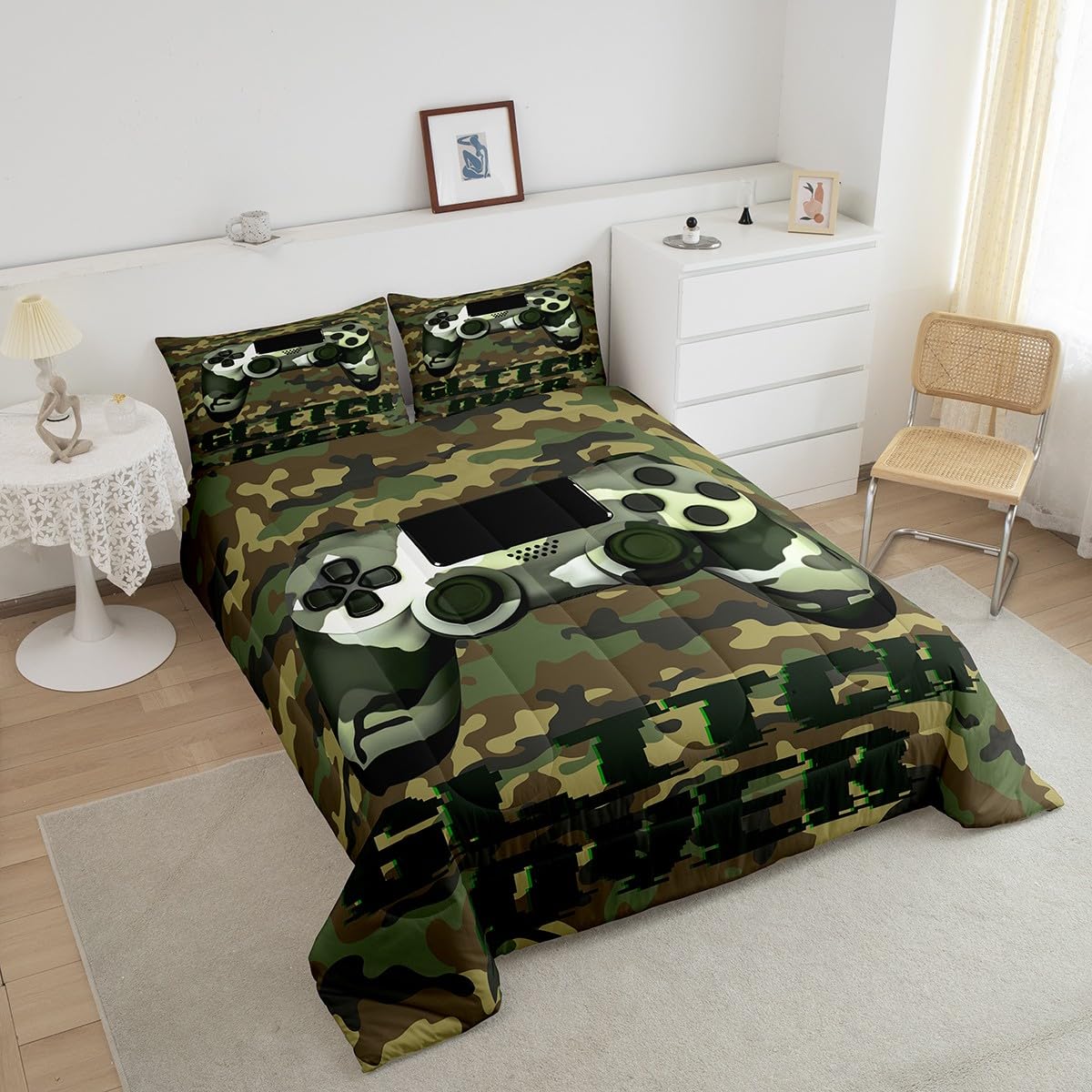 Erosebridal Boys Full Bedding Set - Gaming Themed Comforter Set for Kids & Teens, Army Green Gamer Bedroom Decor - Perfect for Gaming Rooms, Sleepovers & Teen Boy Bedrooms