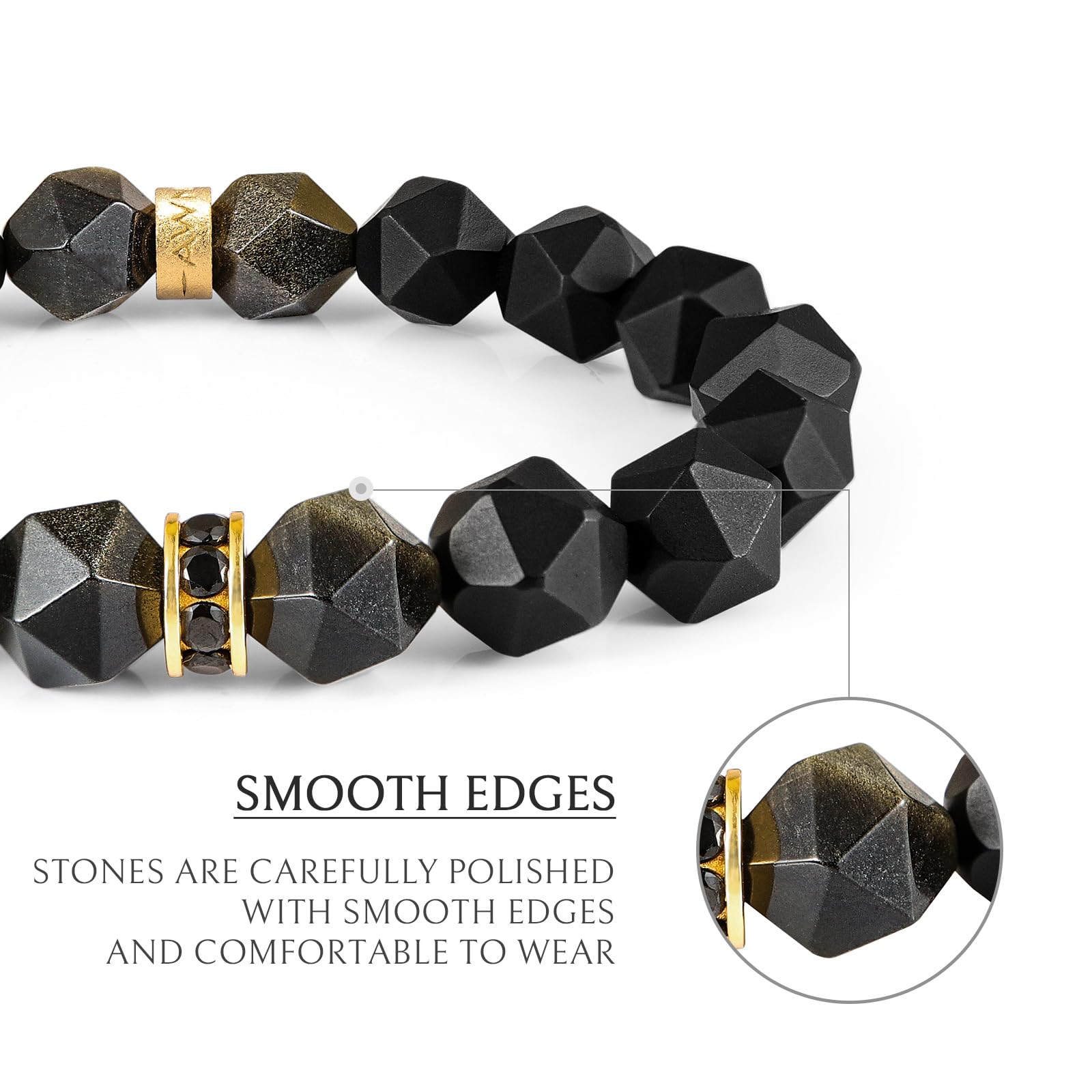 Premium Handmade Stretch Beaded Bracelet for Men - Tiger Eye, Onyx & Obsidian Natural Gemstones (10mm) with Sterling Silver Protection Charm - Adjustable 5.9