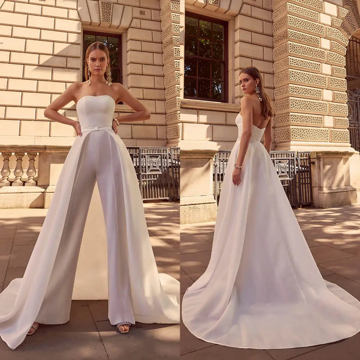 Modern Wedding Dress Jumpsuit - Sweetheart Neckline Strapless Sleeveless Bridal Pant Suit with Detachable Sweep Train | Custom Sizing | Perfect for Beach Weddings, Elopements & Reception Outfit Changes