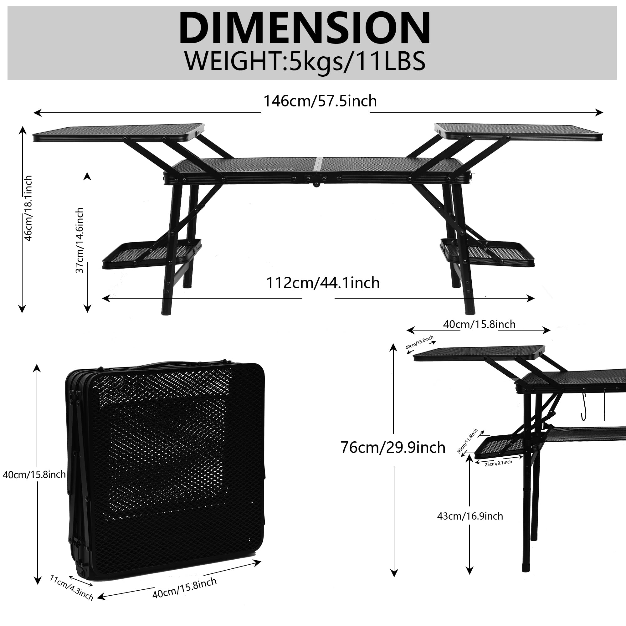 Portable Folding Camping Table with 4 Side Tables & Mesh Net - Lightweight Outdoor Picnic Grill Table for BBQ, Camping, Hiking & Backyard Parties