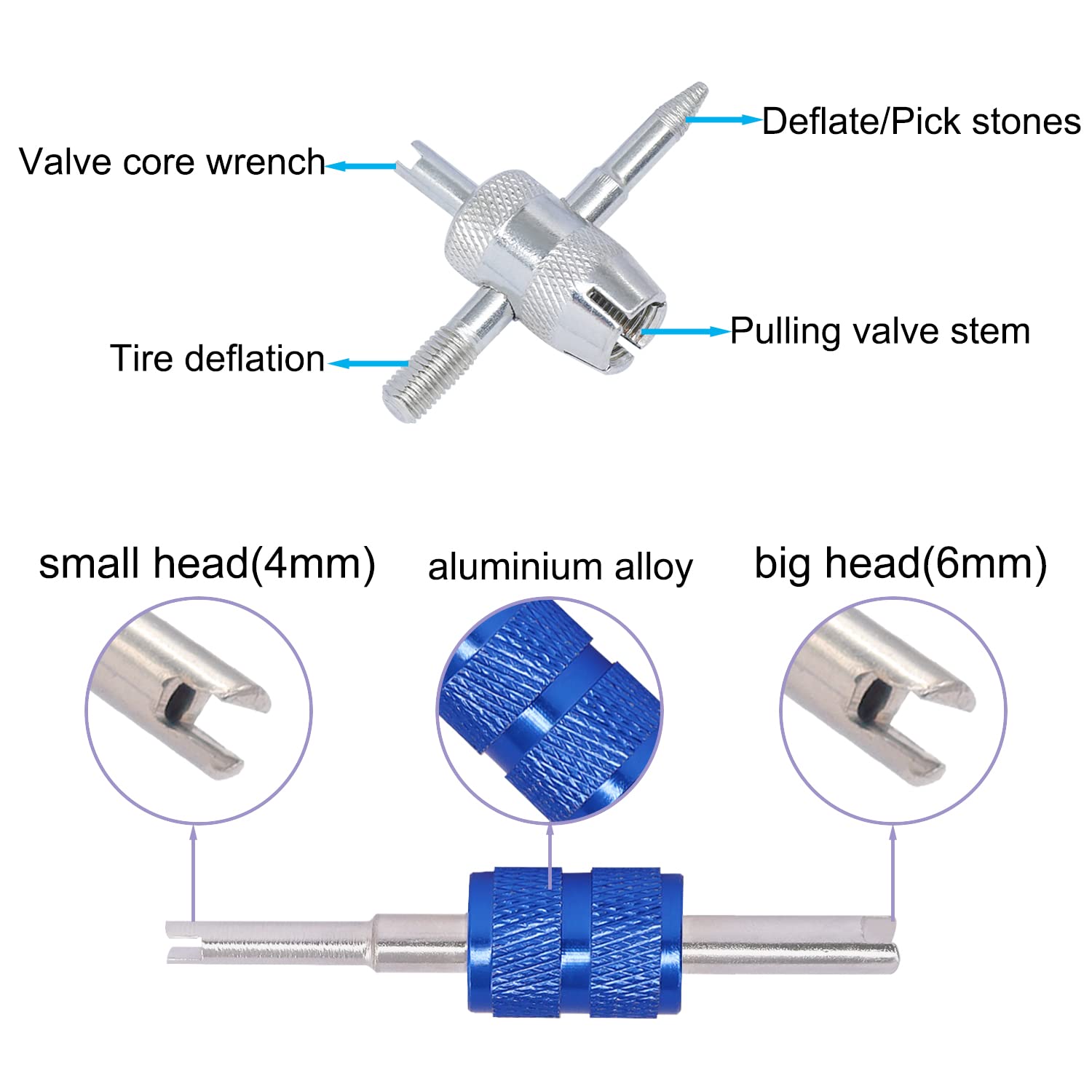 64PCS Tire Valve Stem Removal Tool Kit - 40PCS Valve Cores, 20PCS Caps, 4-Way Valve Tool & Dual Head Remover for Car, Bike, Motorcycle Tire Repair & Maintenance