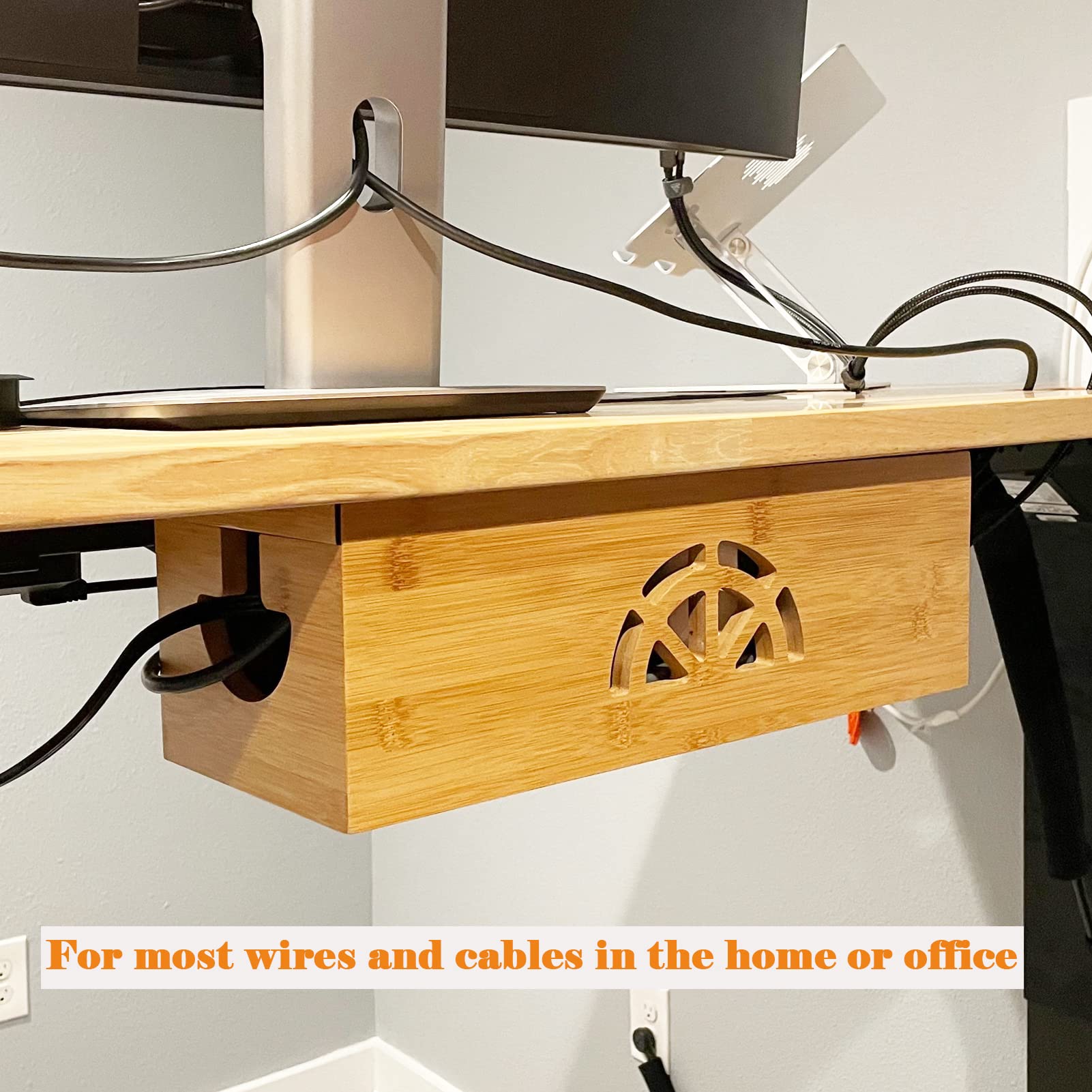 Bamboo Cable Management Box - Cord Organizer for Desk, TV, Home & Office - Hide Wires & Power Strips Neatly - Perfect for Computer, Entertainment Center & Workspace Organization