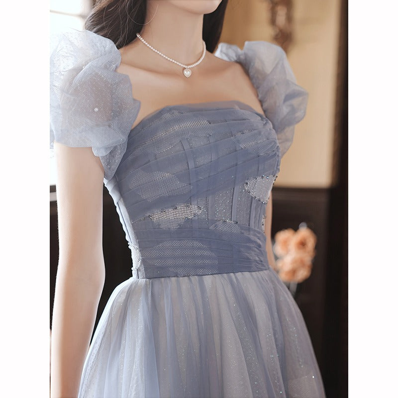 Sparkly Off Shoulder Prom Dress - A-Line Tulle Party Gown with Puff Sleeves | Elegant Blue Evening Gown for Homecoming, Prom Night & Special Occasions