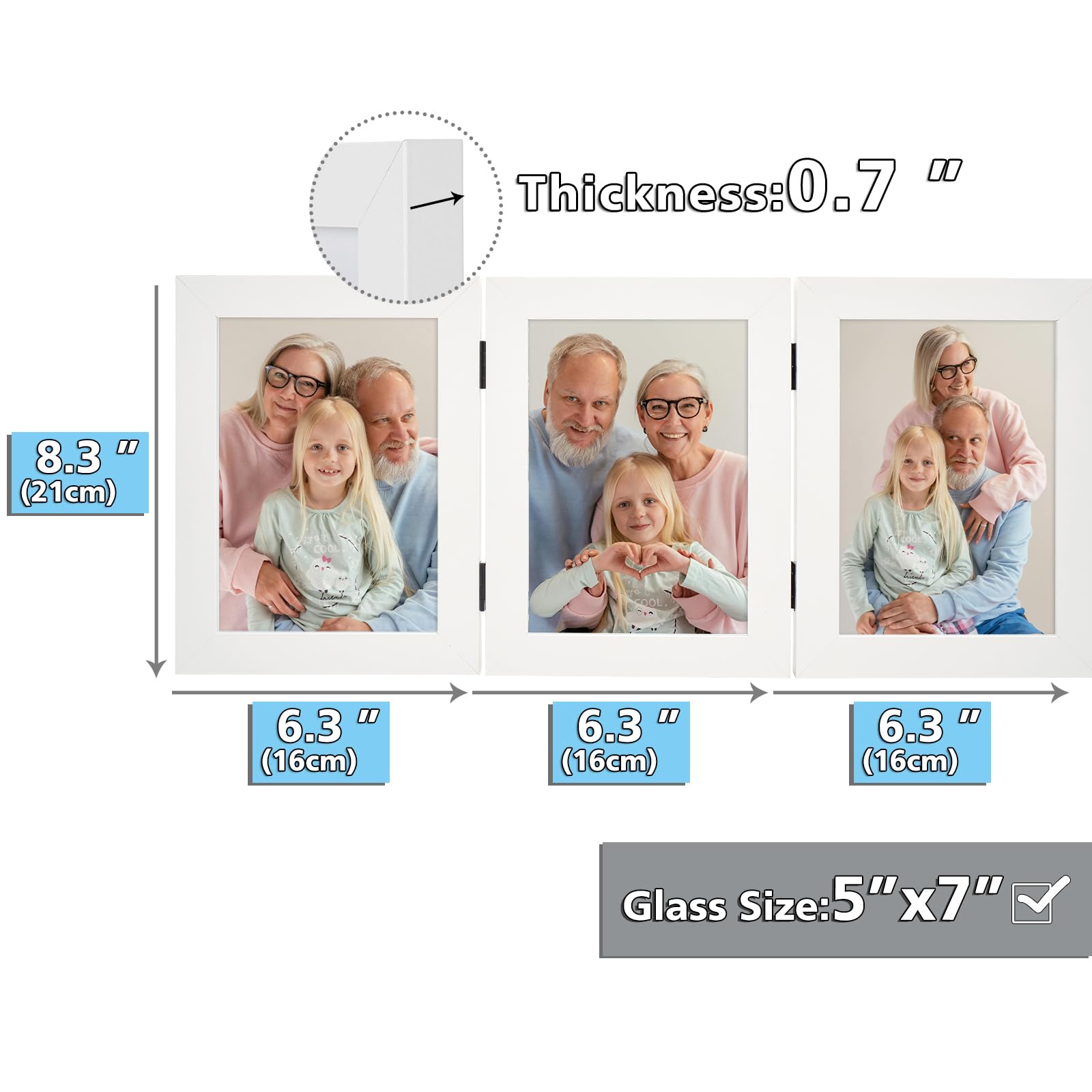 Frametory 5x7 Triple Picture Frame - Trifold Collage Photo Frame with Glass Front, Hinged Tabletop Display for Home & Office Decor (White, 1 Pack) - Perfect for Family Photos, Wedding Memories & Graduation Pictures