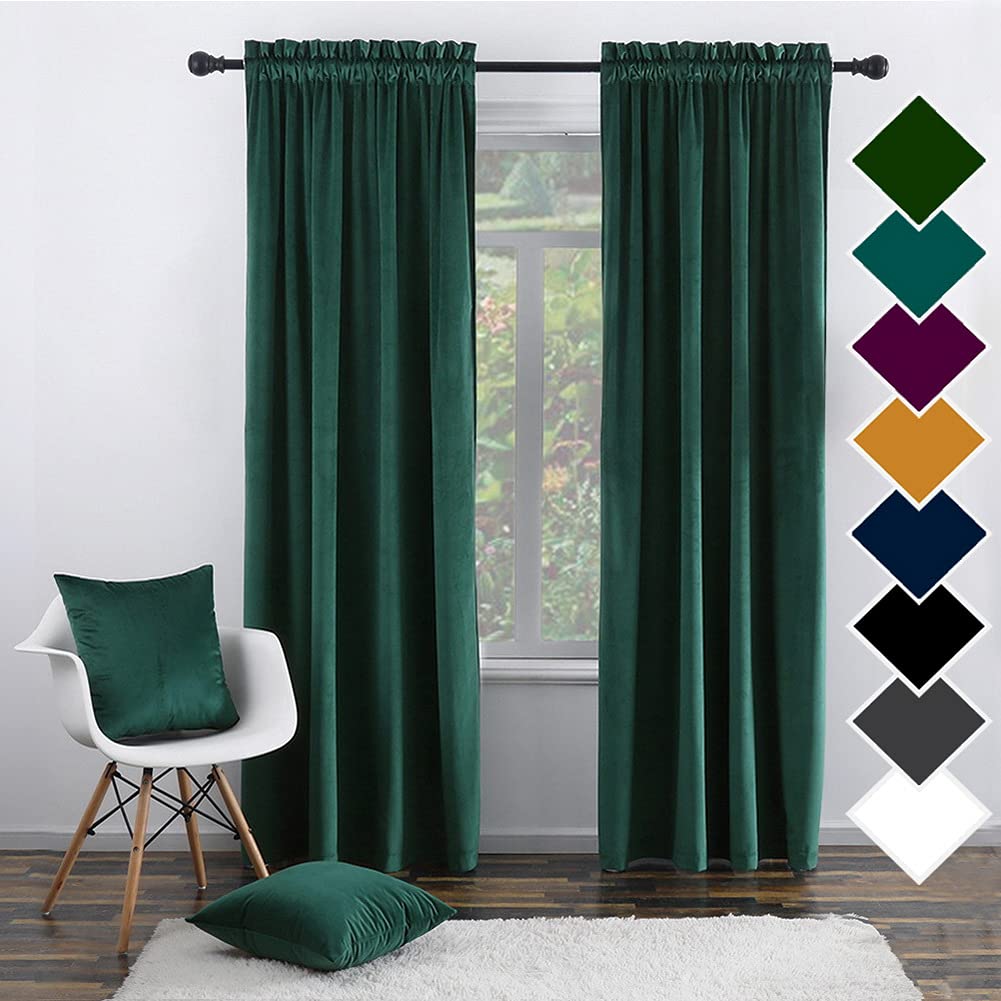 Twin Six Green Velvet Blackout Curtains 96 Inches Long - 2 Panels with Rod Pocket & 2 Pillow Covers - Super Soft Thermal Insulated Window Drapes for Living Room & Bedroom (42x96 Inches) - Perfect for Home Theater, Nursery & Light Control