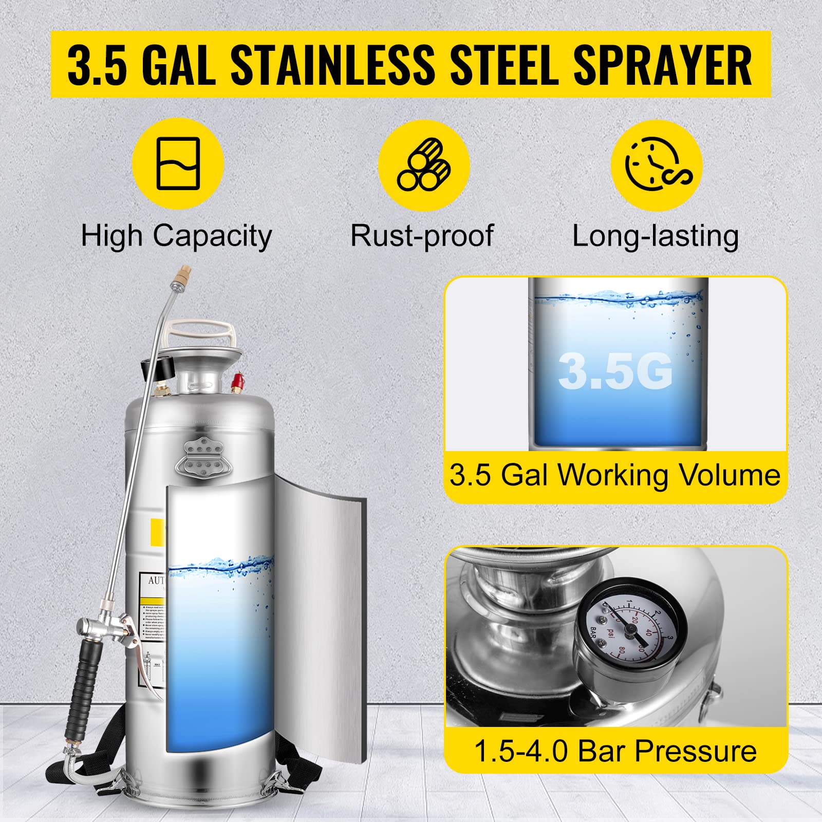 Happybuy 3.5 Gallon Stainless Steel Hand Pump Sprayer with Pressure Gauge - 20