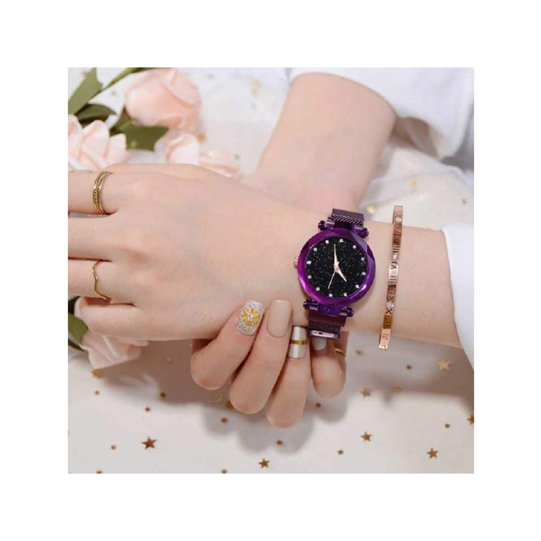 TIMESPACE TS-4025 Luxury Women's Quartz Watch - Black Dial with Purple Magnetic Strap, Slim Minimalist Design for Girls & Teens | Perfect for School, Office, Date Night & Everyday Wear
