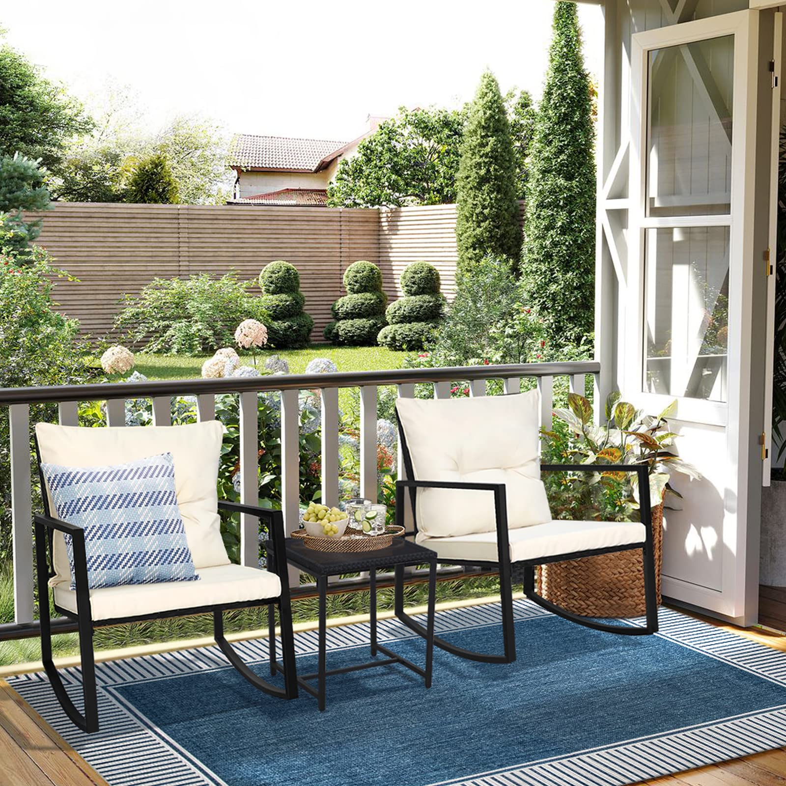 SUNCROWN 3-Piece Outdoor Rocking Bistro Set - Black Wicker Patio Furniture with Glass Coffee Table, Beige Cushions - Perfect for Porch, Garden, and Backyard Relaxation